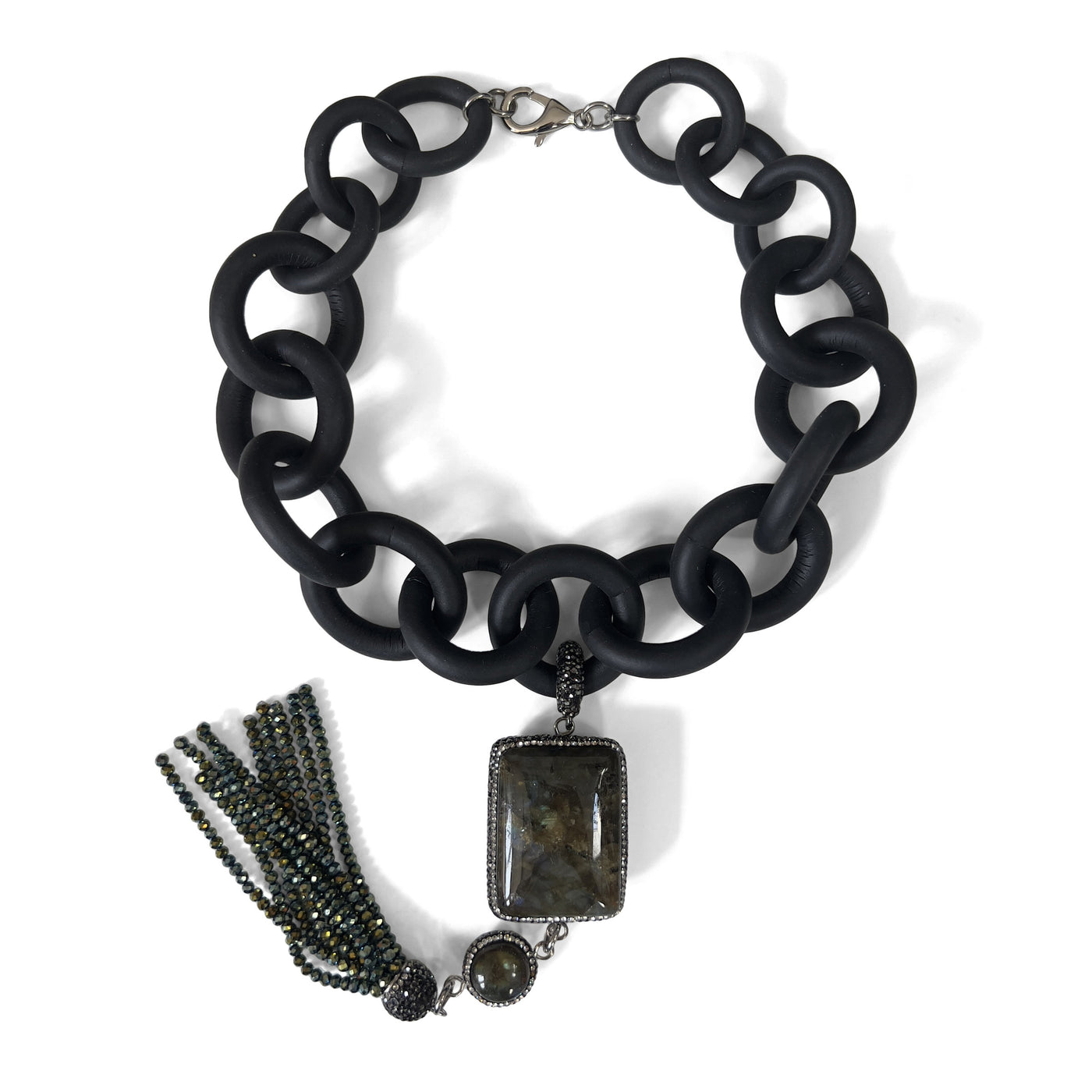 Large Labradorite and Rubber Necklace with Austrian Crystals Tassel