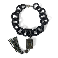 Large Labradorite and Rubber Necklace with Austrian Crystals Tassel