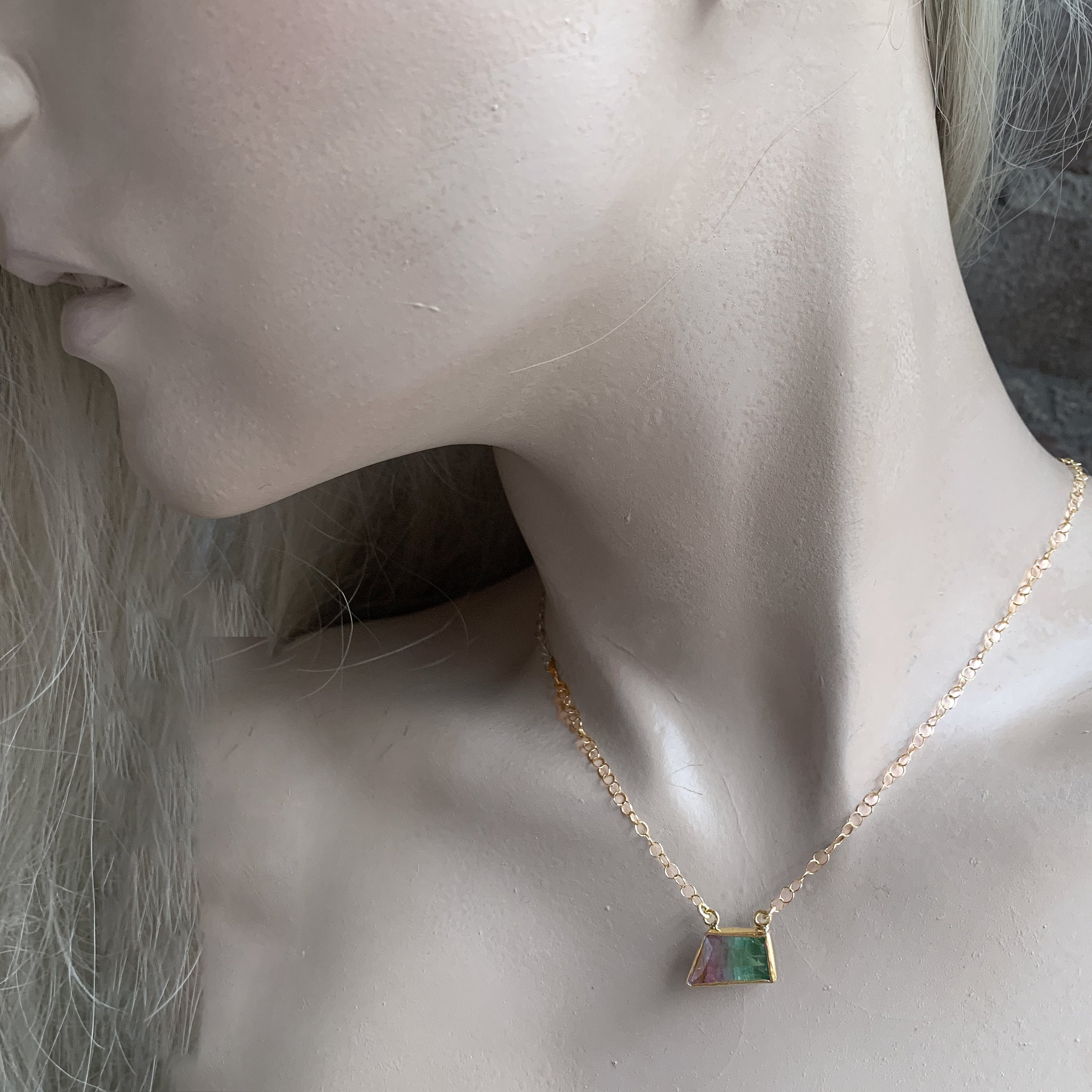 Watermelon Tourmaline Gold Trapezoid Necklace