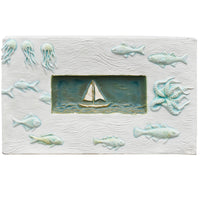 Sail Boat Marine Tile in White Stone and Antique Teal