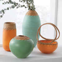 left to right: orange tower vessel, tuscan green sphere vessel, dragonfly blue bullet vessel, light orange basket
