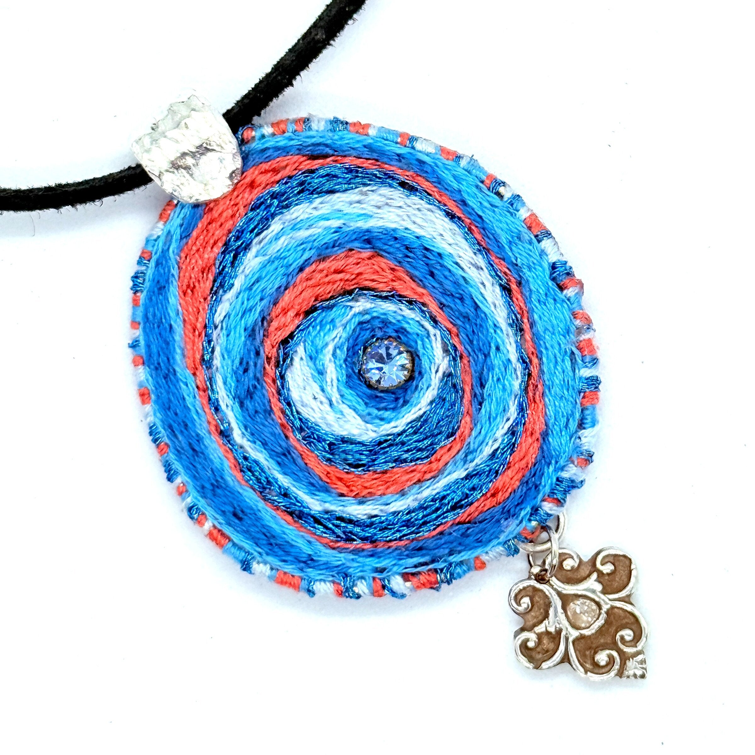 Blues & Coral Embroidered Pendant