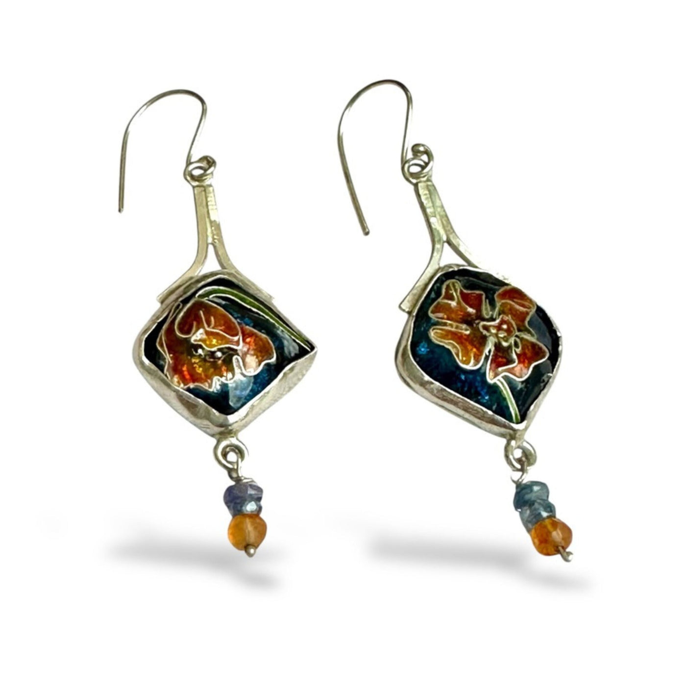 Asymmetrical Cloisonne Poppy Earrings