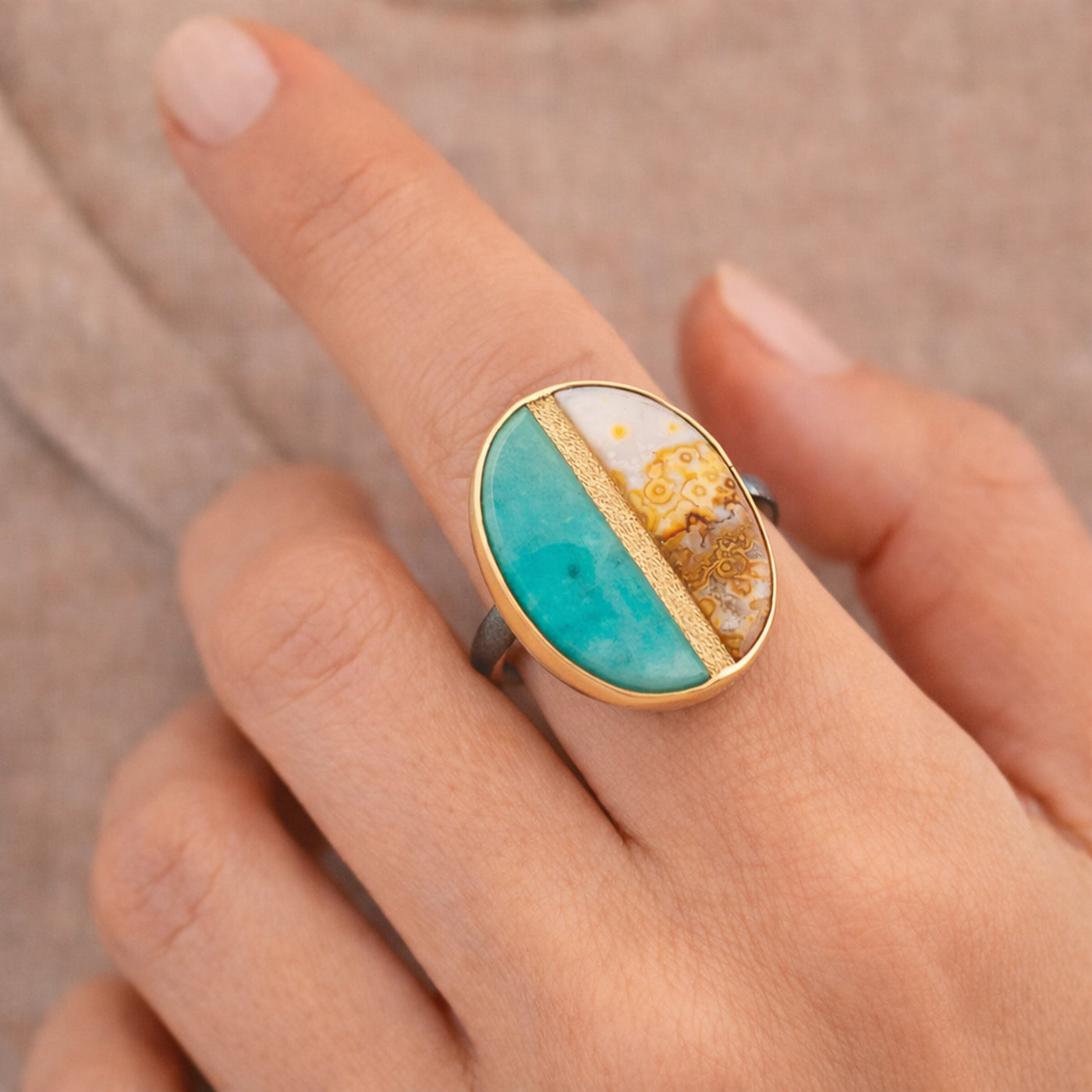 Amazonite & Java Lace Agate Inlay Ring