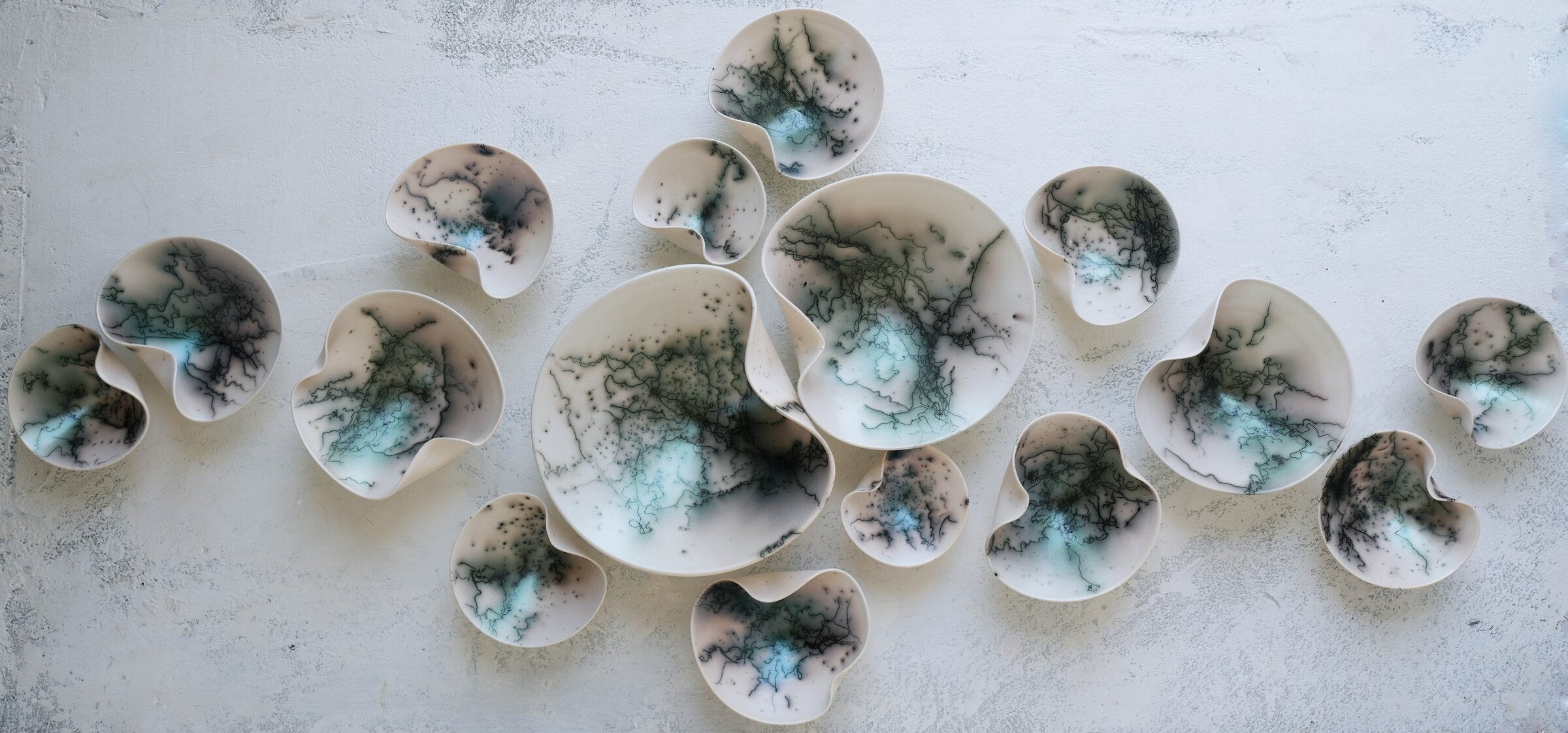 Raku Wall Sculpture Set with Green Luster, 16 Piece