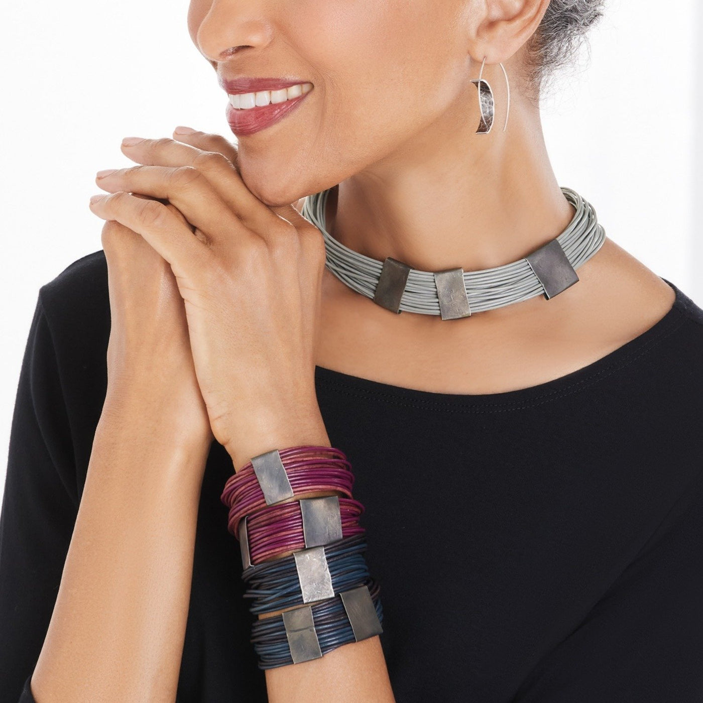 steel gray (worn as necklace), berry, and pacific blue combo