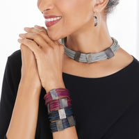 steel gray (worn as necklace), berry, and pacific blue combo