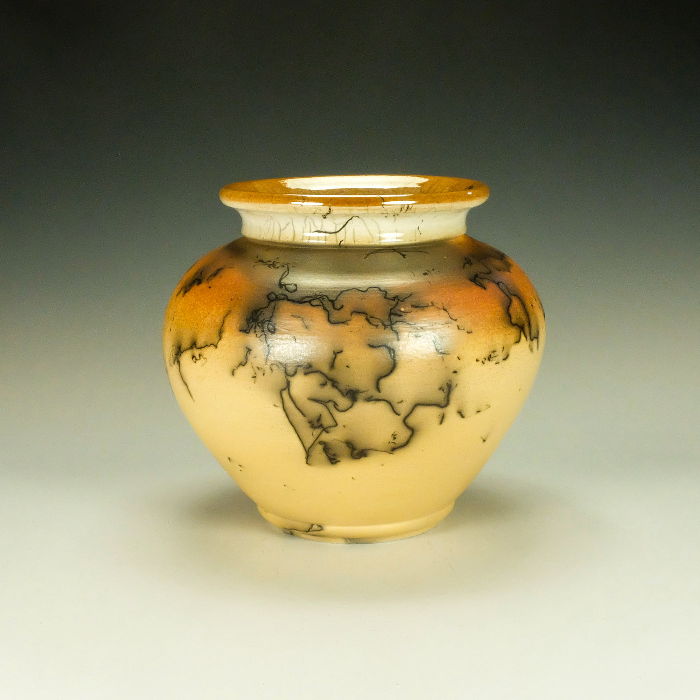 Squat Mustard Yellow and Orange Horsehair Raku Jar