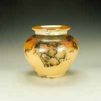 Squat Mustard Yellow and Orange Horsehair Raku Jar