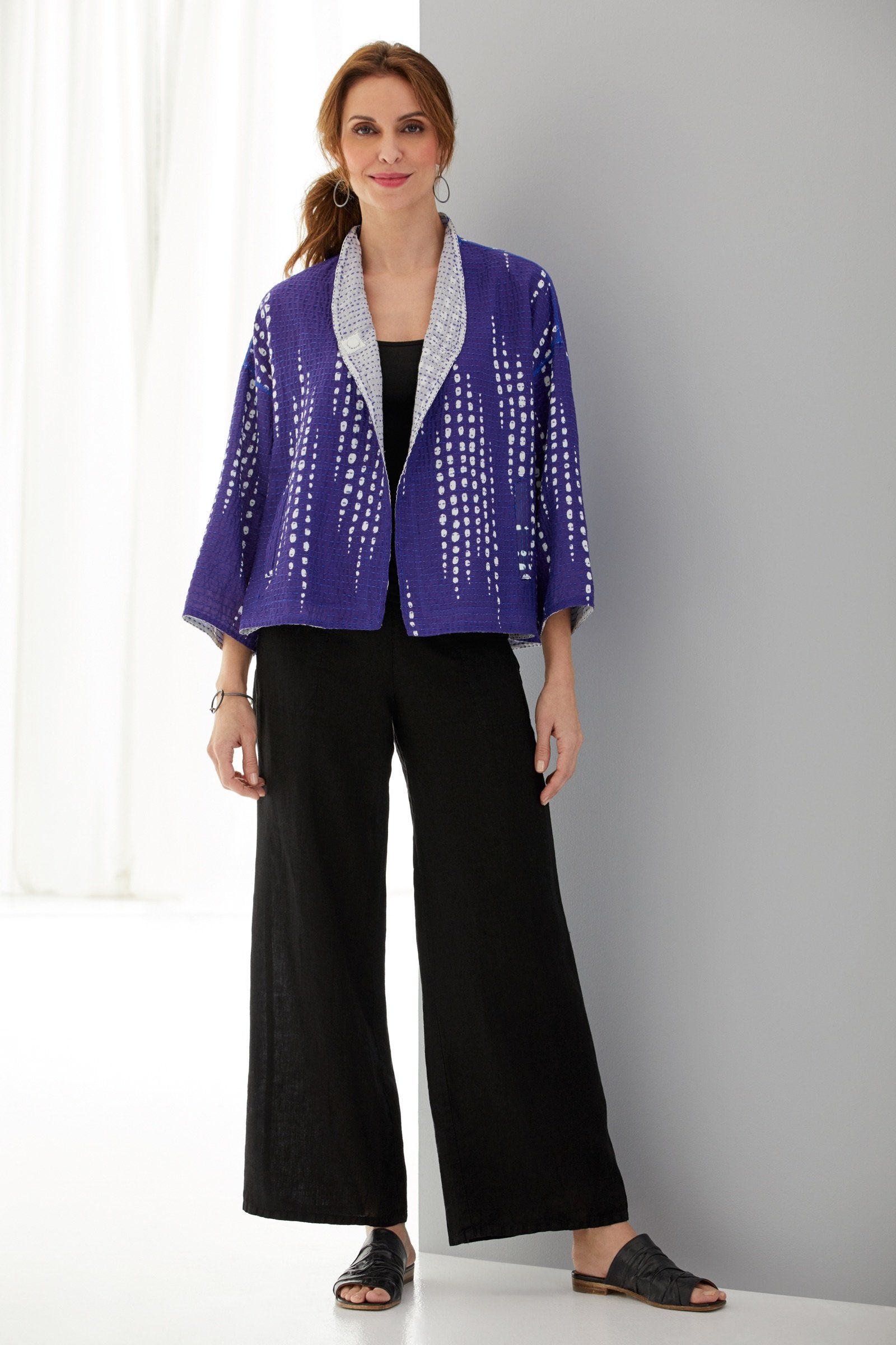 side 1, shown with the linen palazzo pant by fenini and the frida slide by la bottega di lisa