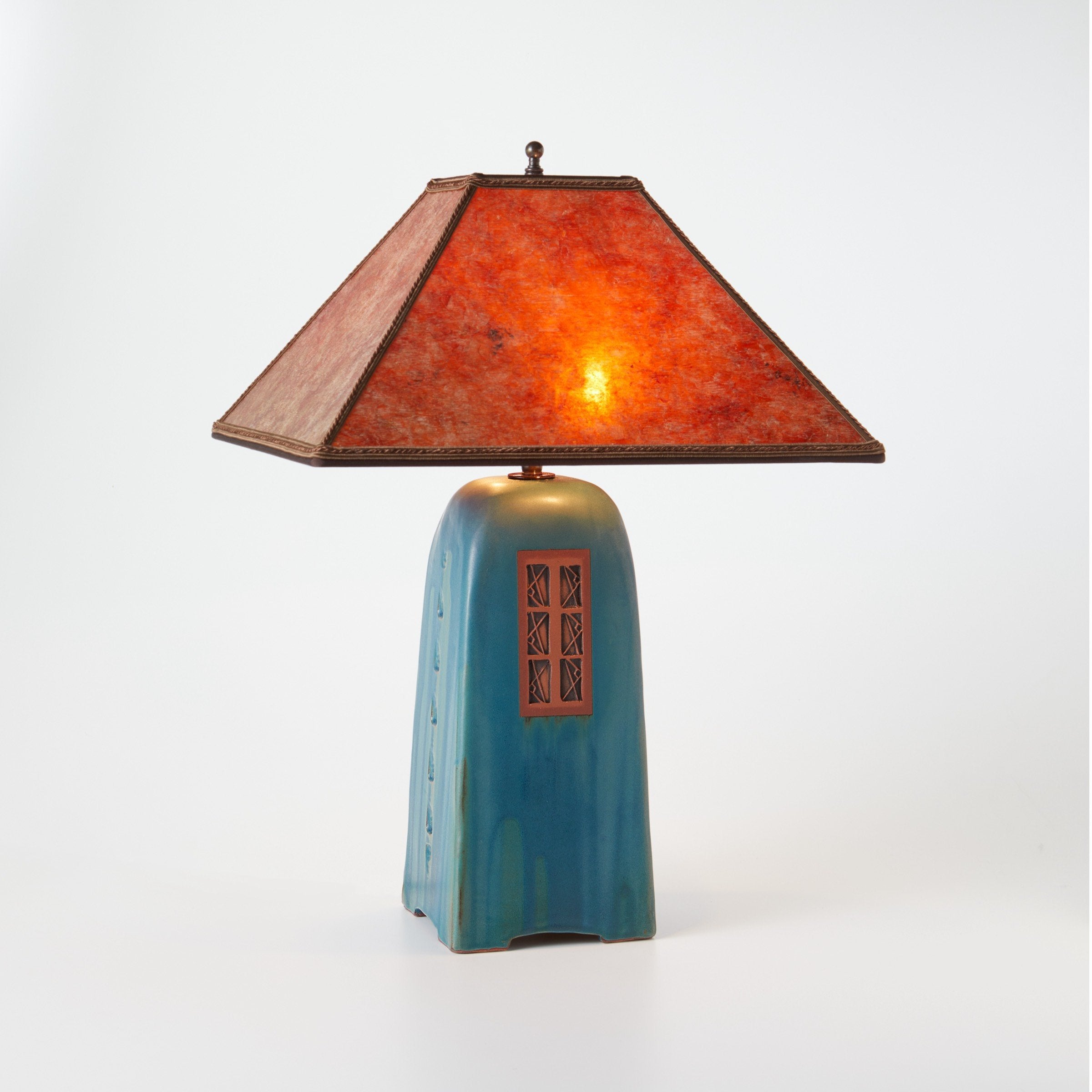 North Union Lamp in Viridian Glaze with Amber Mica Shade · Artful Home