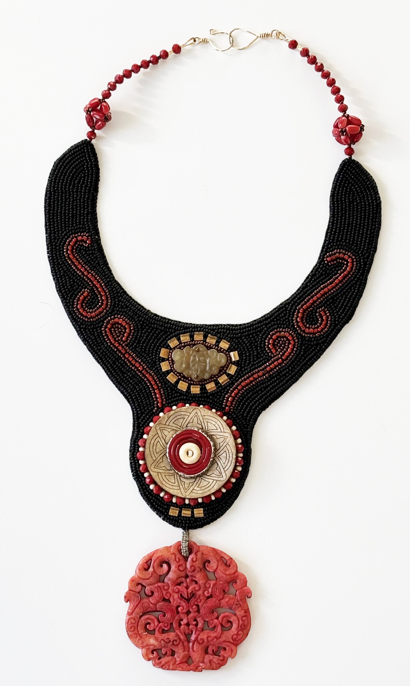 Red Jade Bead Embroidered Necklace