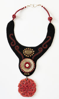 Red Jade Bead Embroidered Necklace