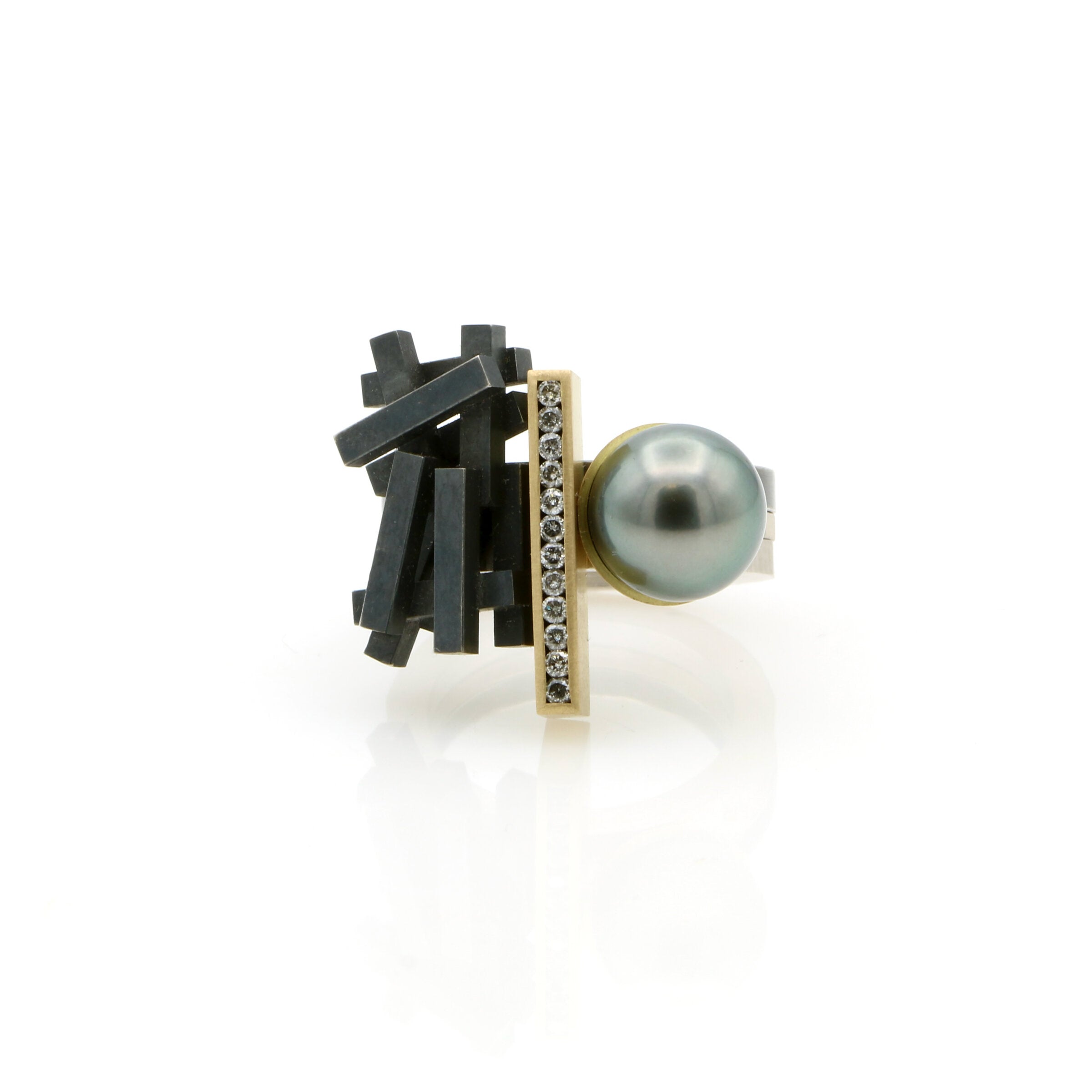 Pearl & Salt-and-Pepper Diamond Stacking Ring Set