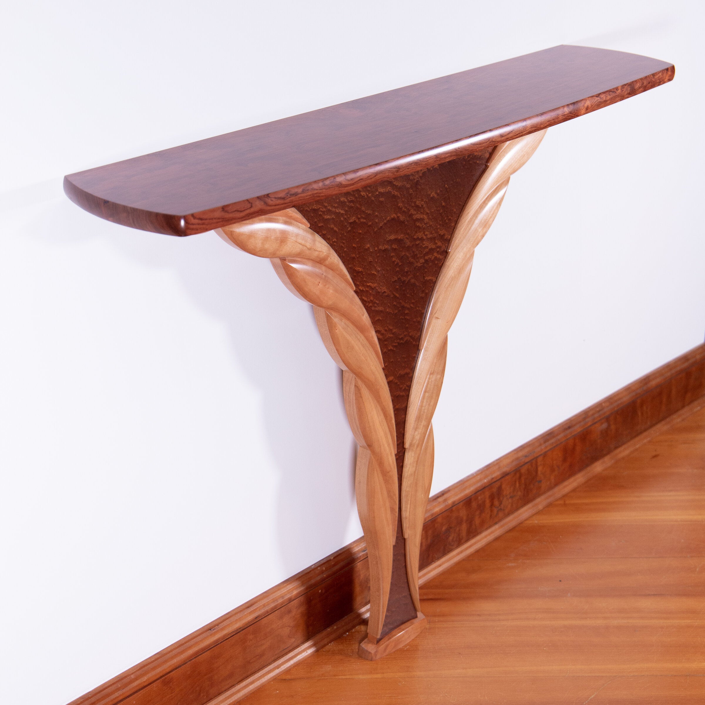 Pommele Sapele and Bubinga Wings Hall Table