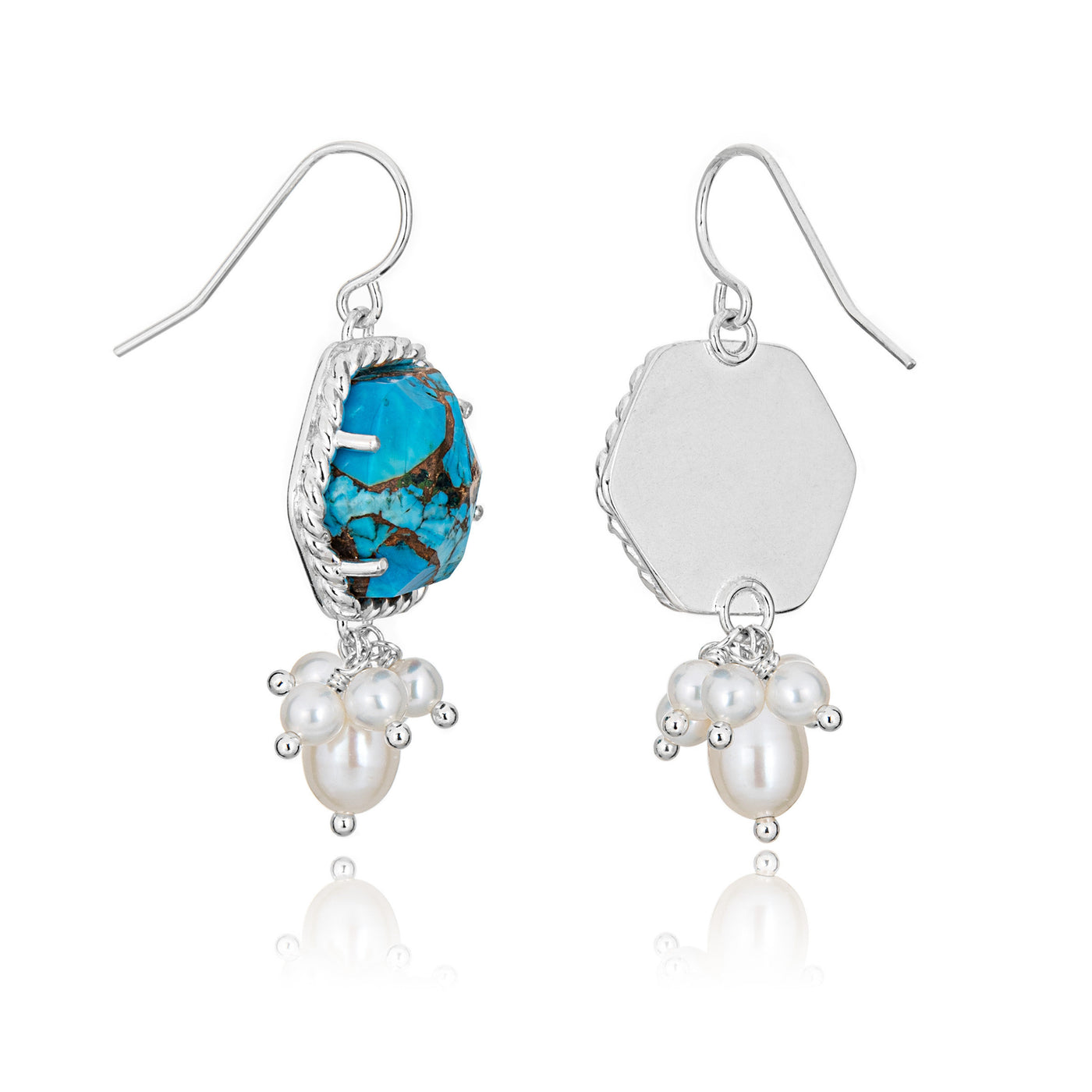 Hexagonal Copper Turquoise & Pearl Earrings