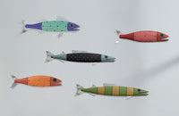 left to right, top to bottom: medium in aqua dots, small in red dots, large in black white dots, small in orange dots, large in green stripes