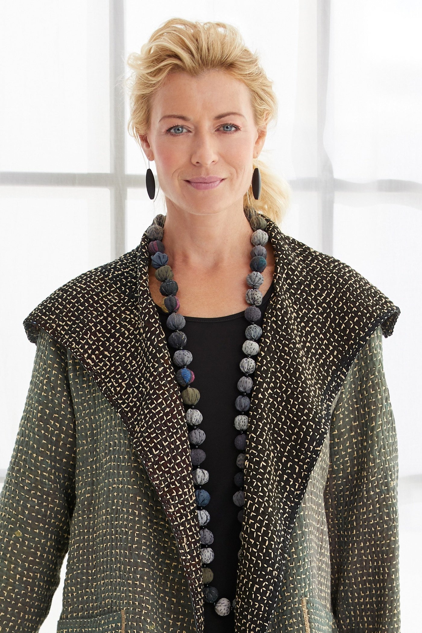 Long Kantha Necklace in Gray