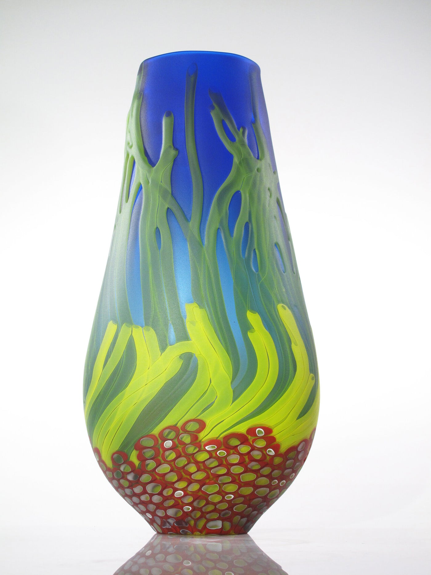 Blue Sea Fan Vase with Red Murrini