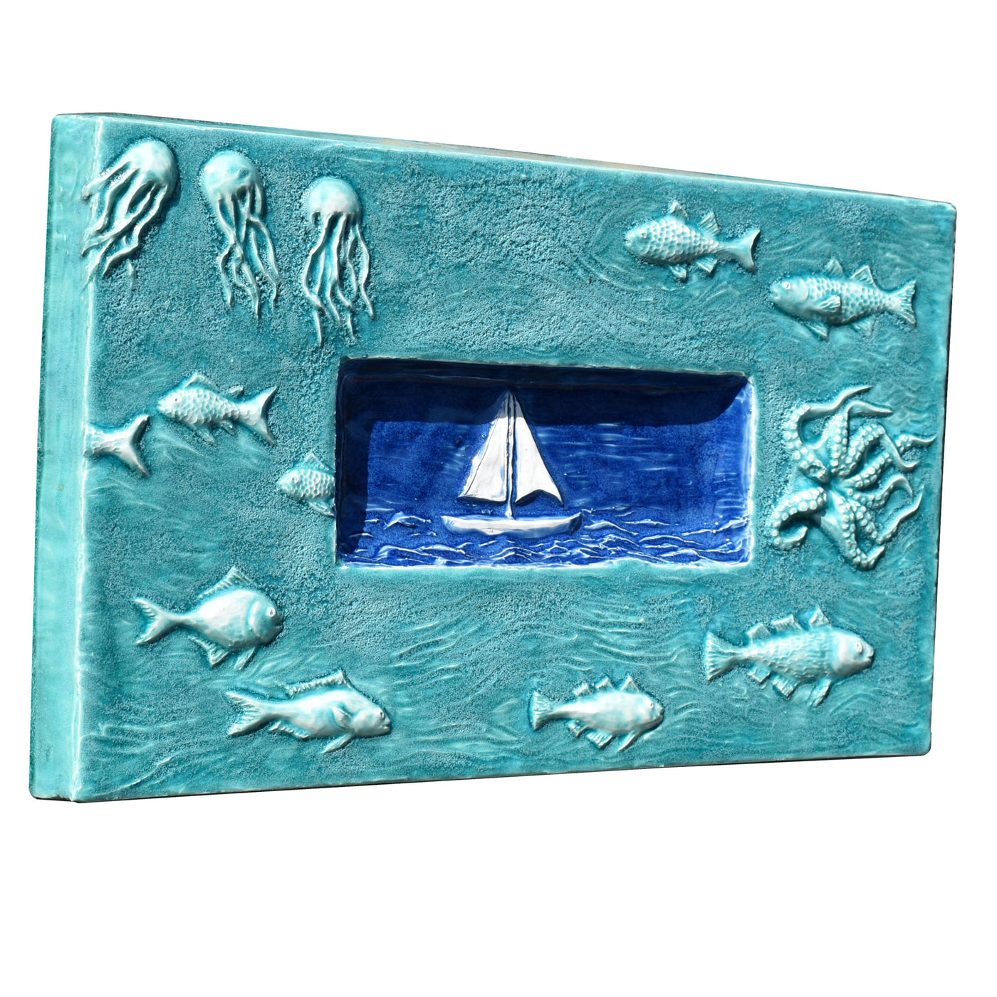 Sail Boat Marine Tile in Seafoam & Sapphire Blue