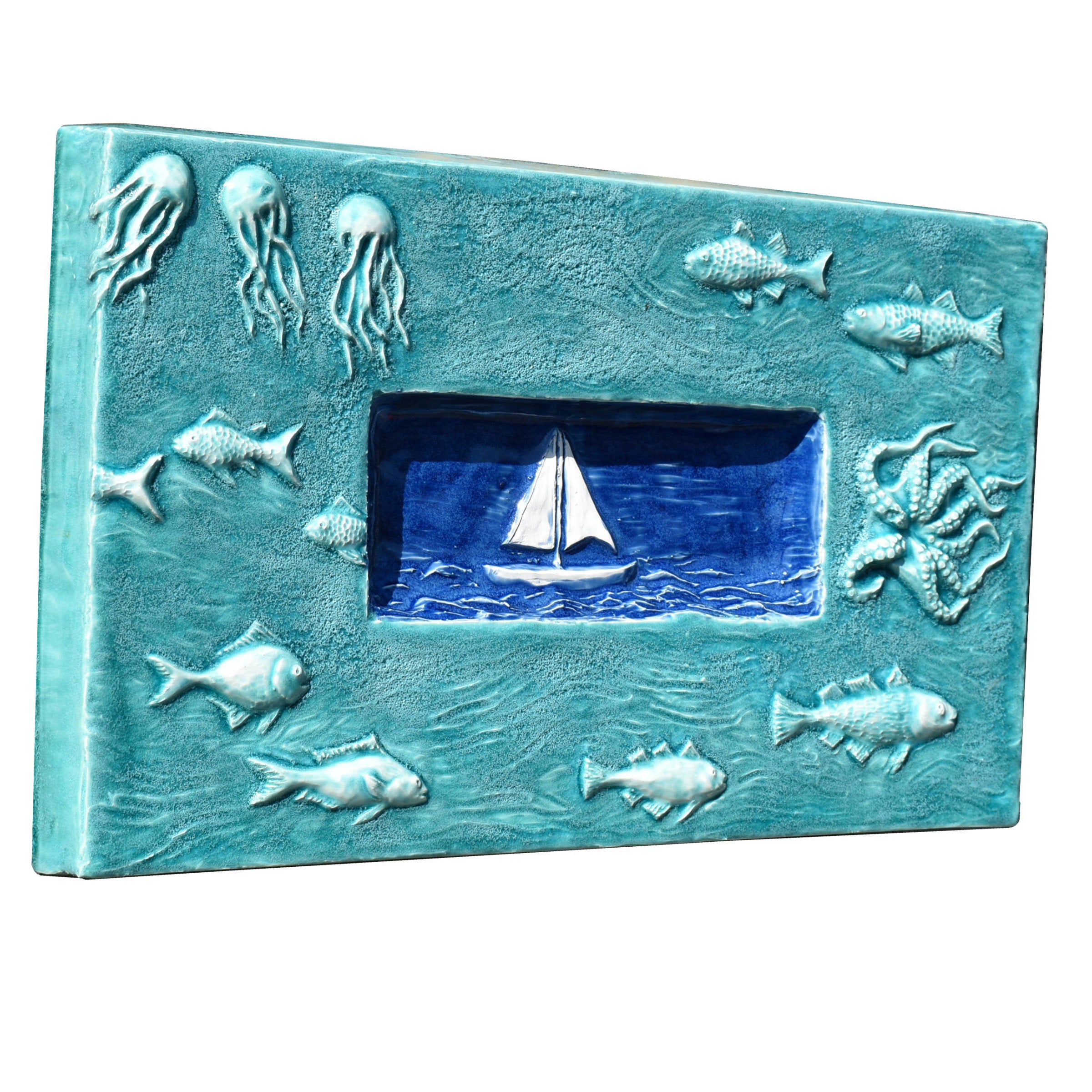 Sail Boat Marine Tile in Seafoam & Sapphire Blue