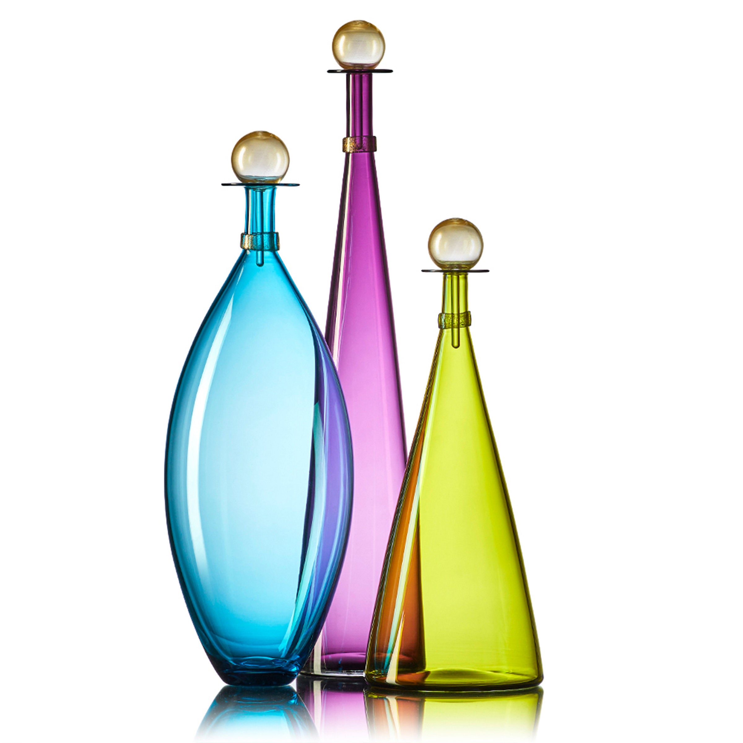 left to right: copper blue ellipse, tall amethyst cone, medium olive cone