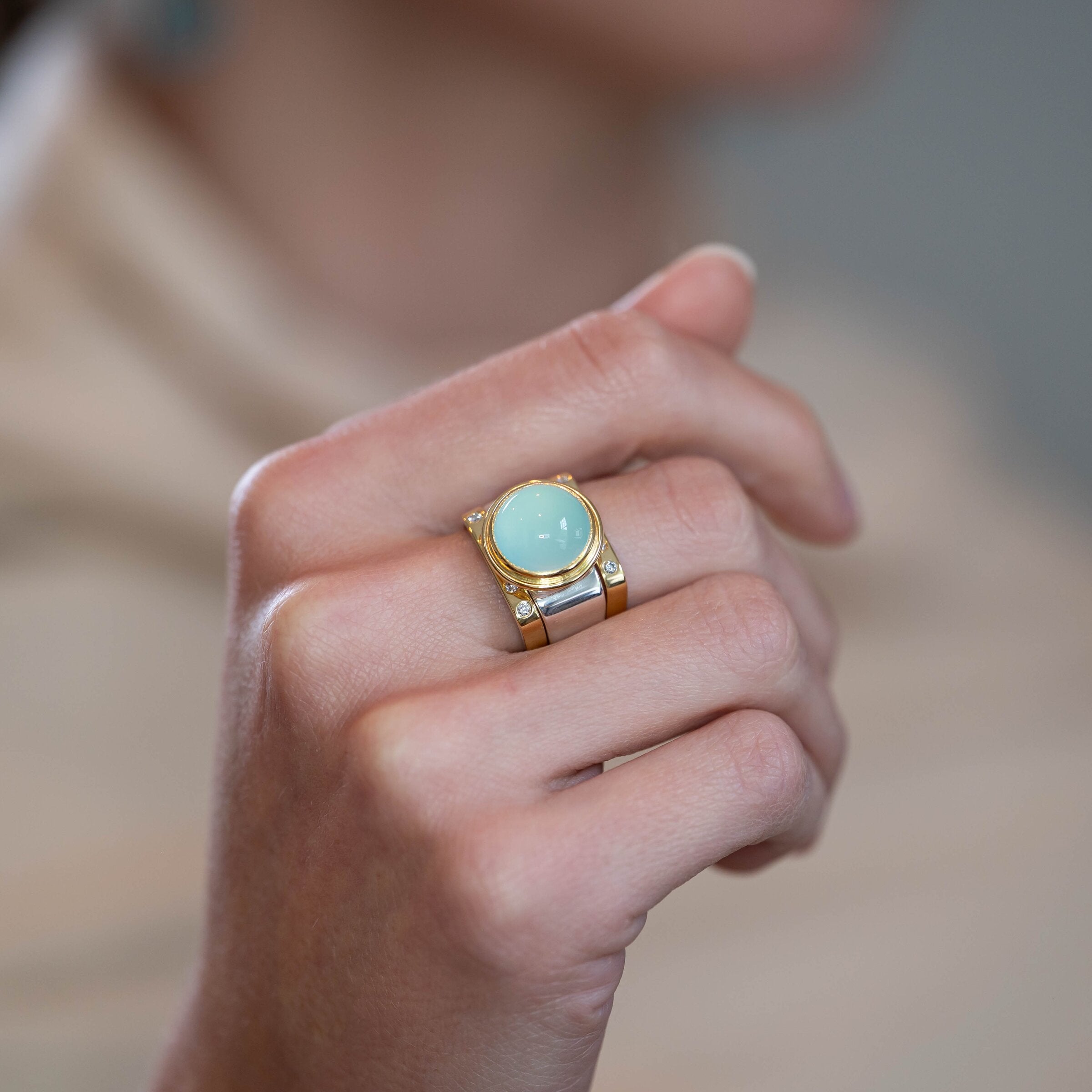 Aqua Chalcedony Square Ring with Guard Rings