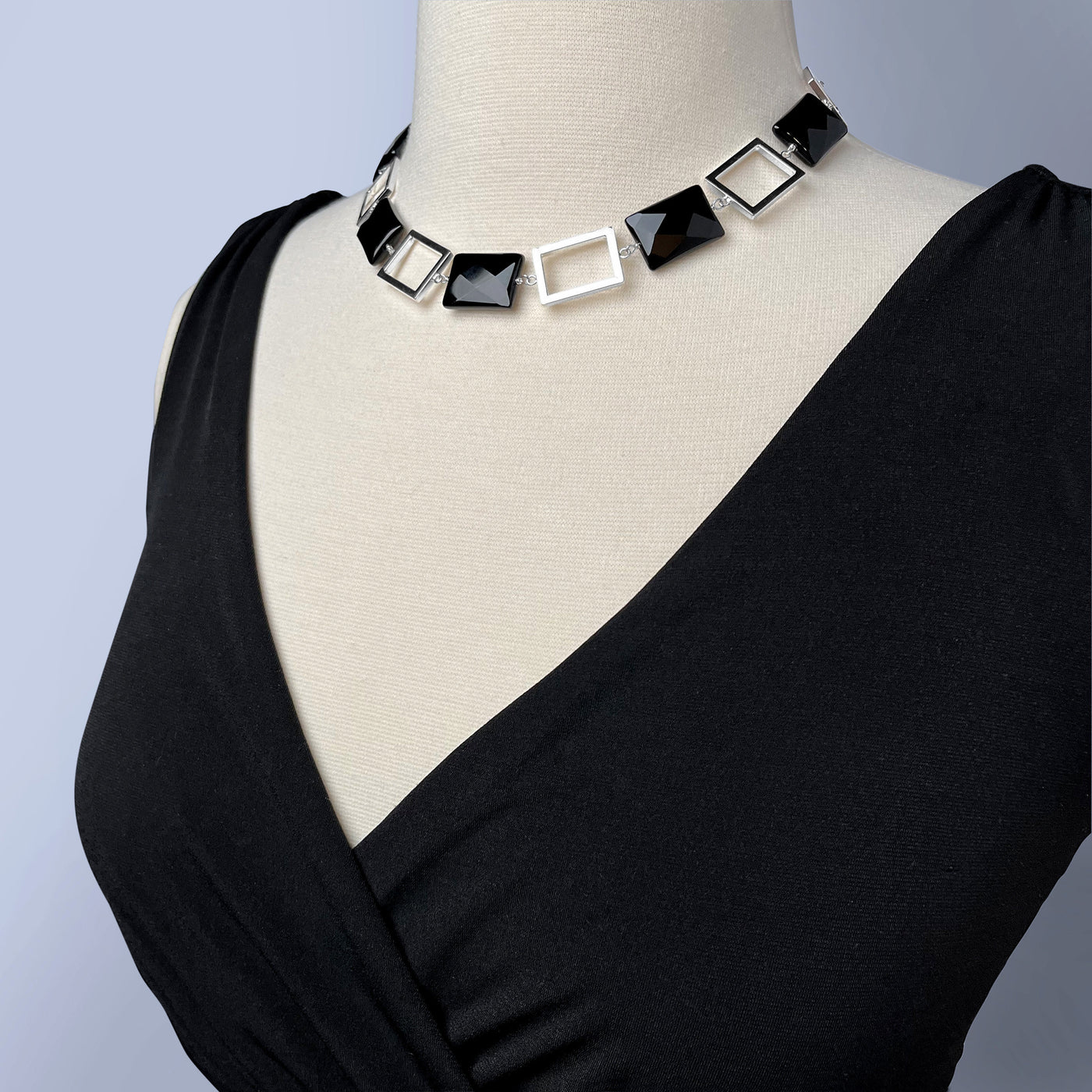 Silver Square &  Black Onyx Collar Necklace