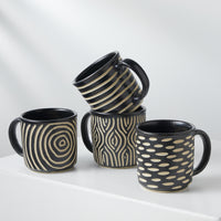 left to right: bullseye, horizontal stripes, woven, dashes