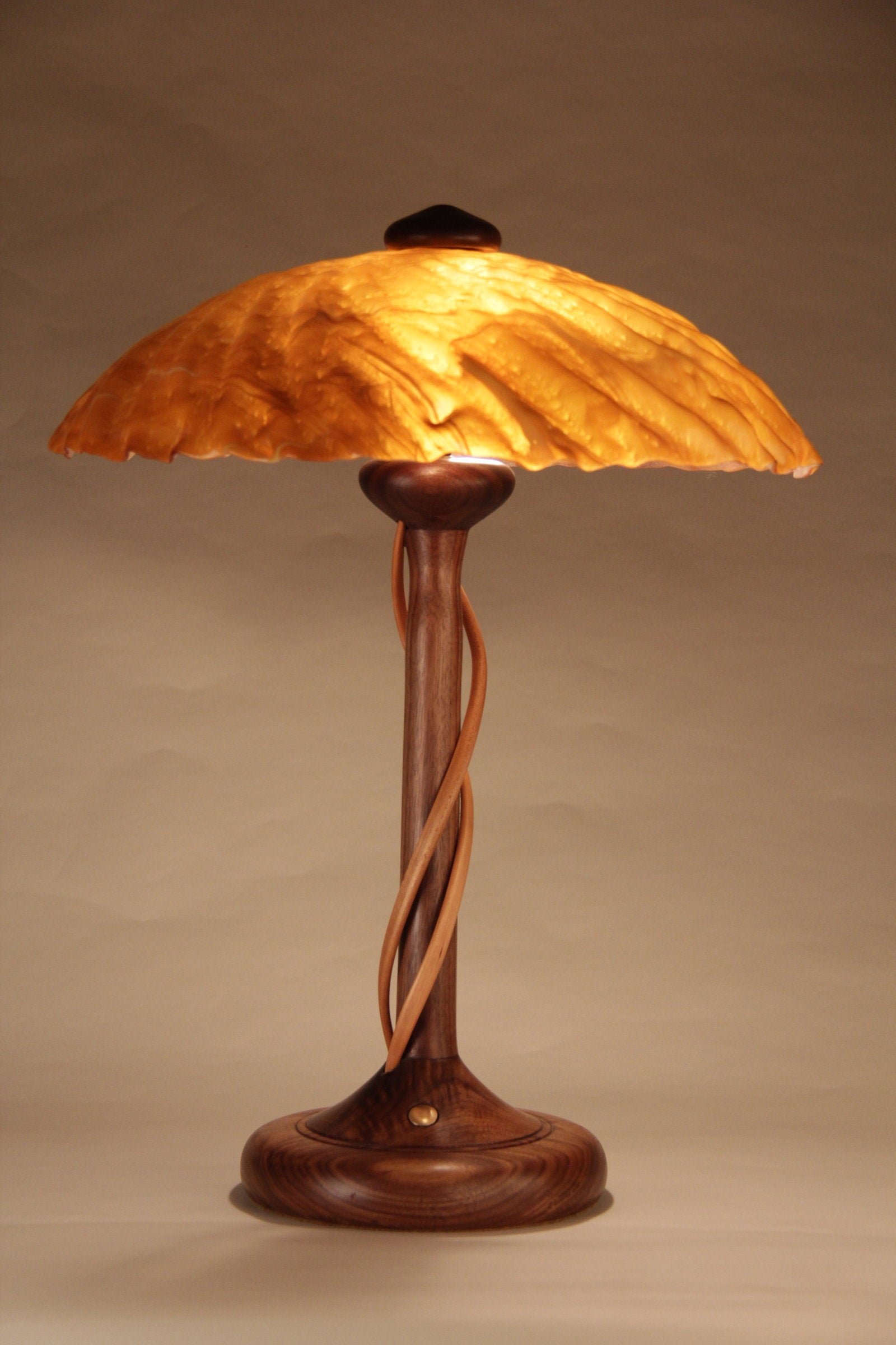 Walnut Table Lamp with Cherry Tendrils ,Dark Amber Sunburst Shade 