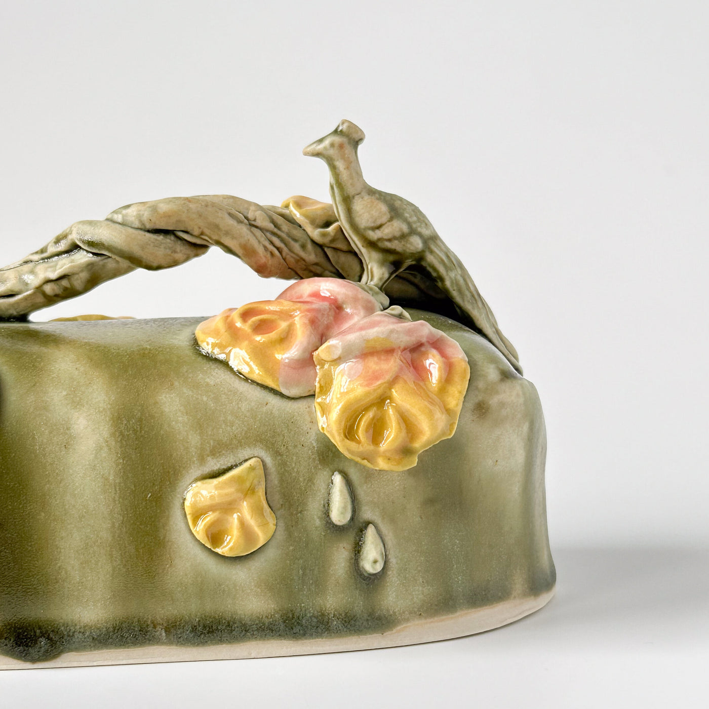 Peacock and Roses Butter Dish in Sage and Dusty Pink