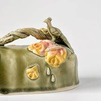 Peacock and Roses Butter Dish in Sage and Dusty Pink