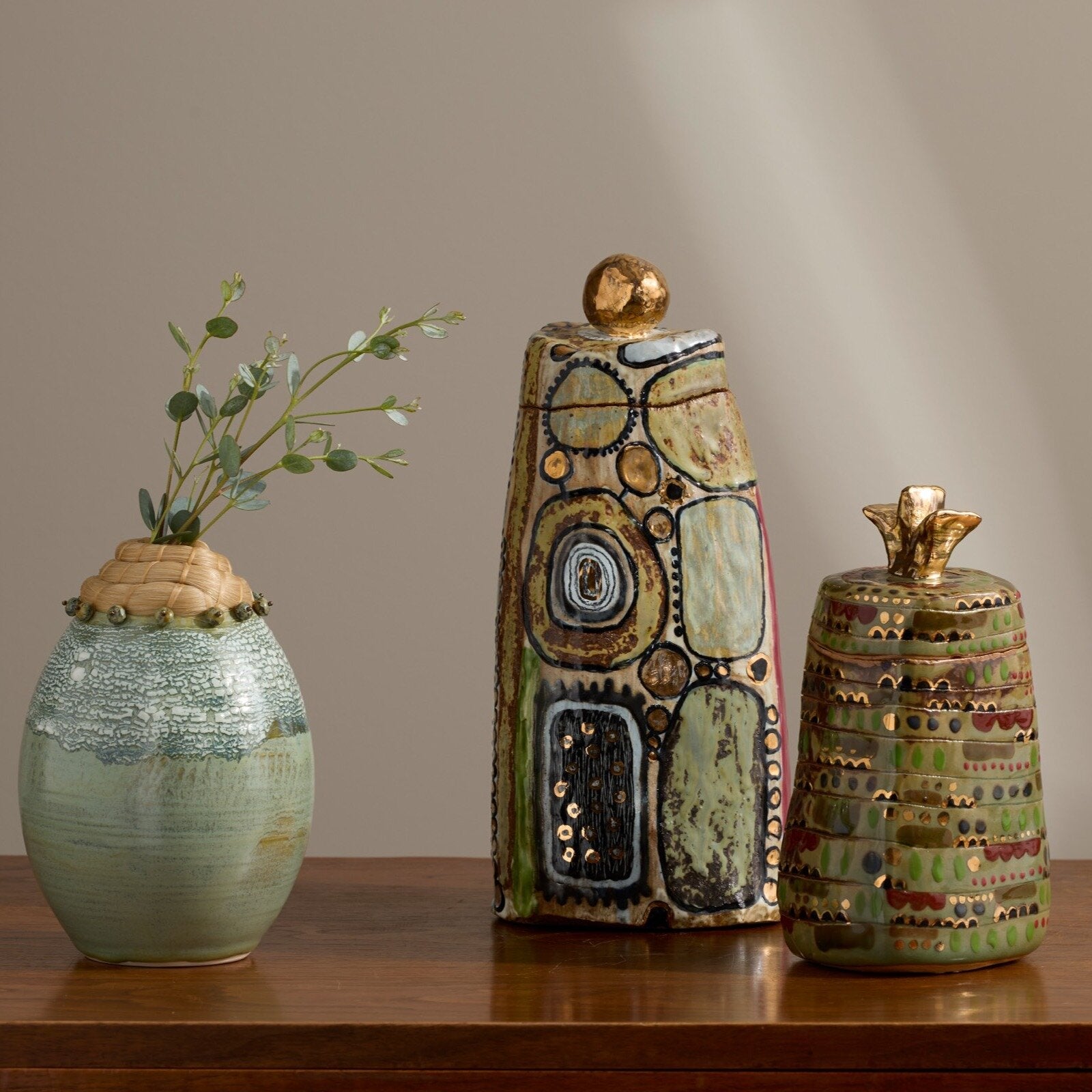 Tall Green and Gold Ceramic Box