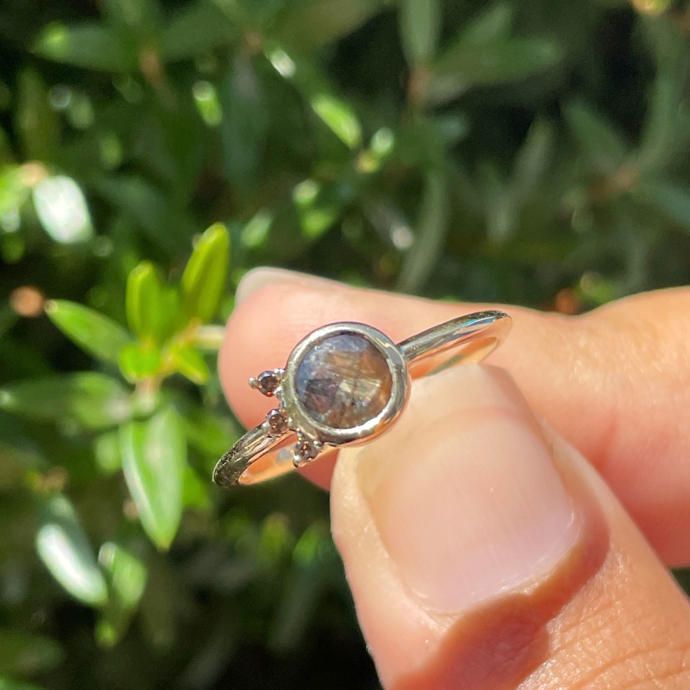 Golden Sheen Sapphire and Diamond Rhiannon Ring