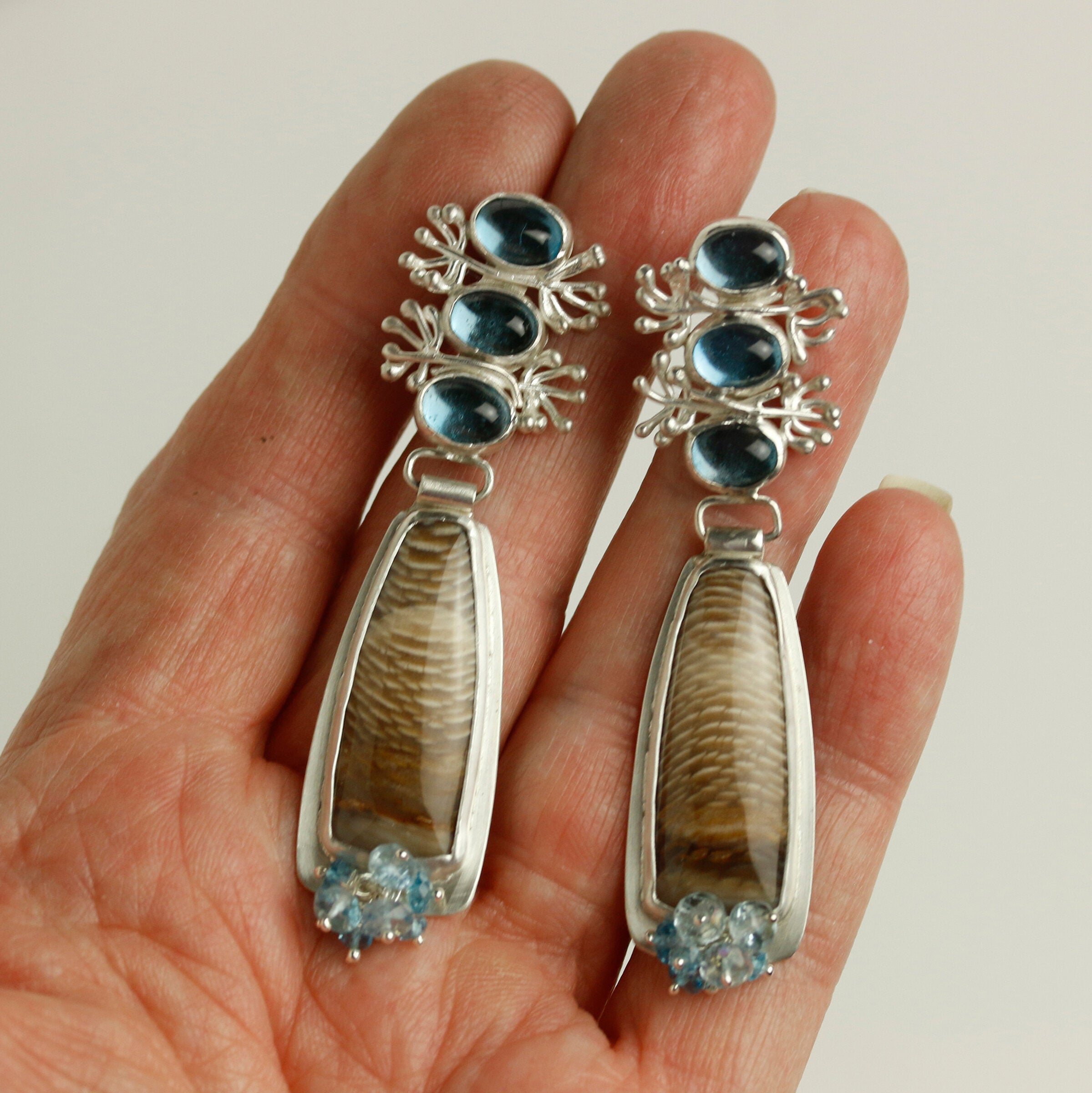 Sprouting Blue Topaz & Petrified Oak Earrings