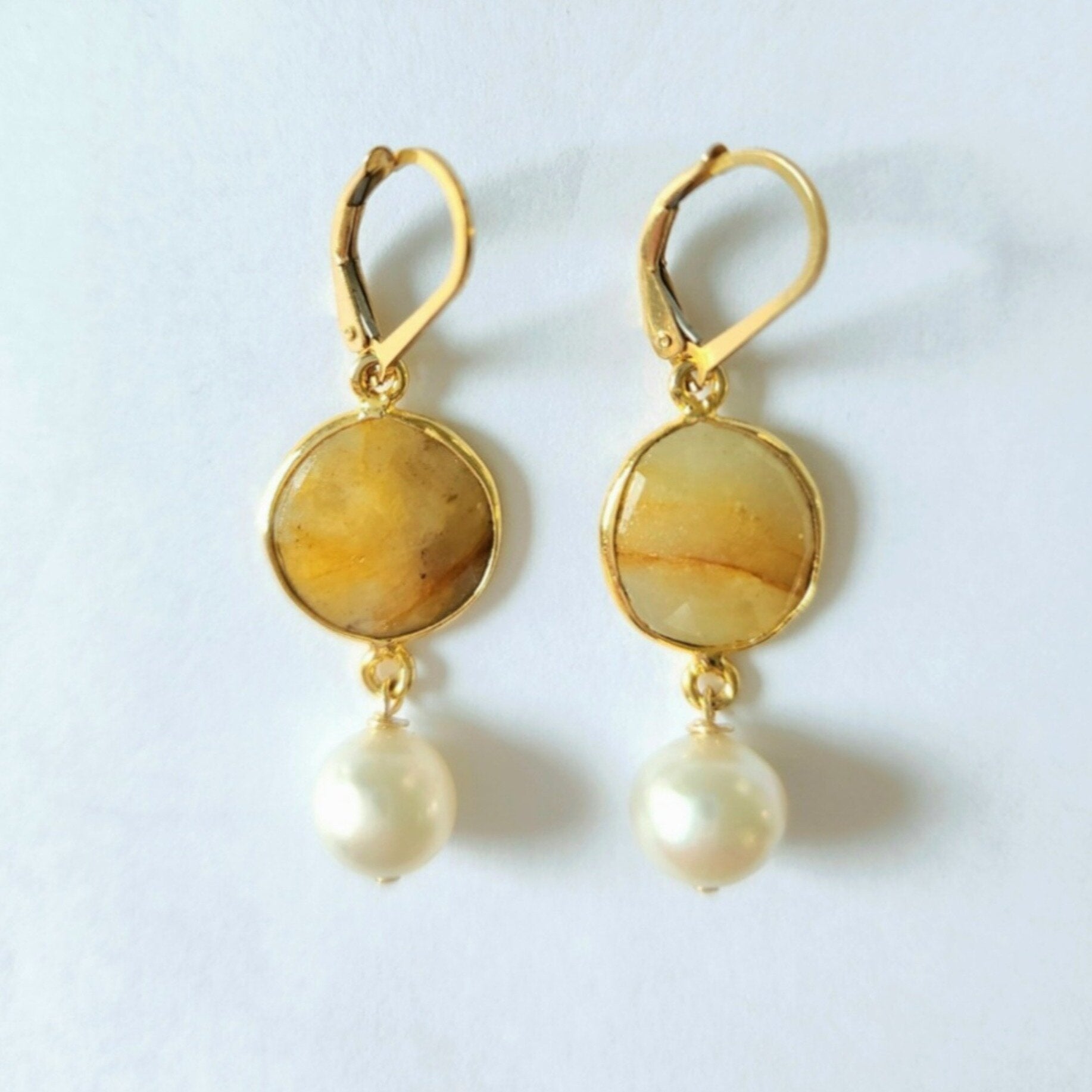 Golden Sapphires & White South Sea Pearl Earrings