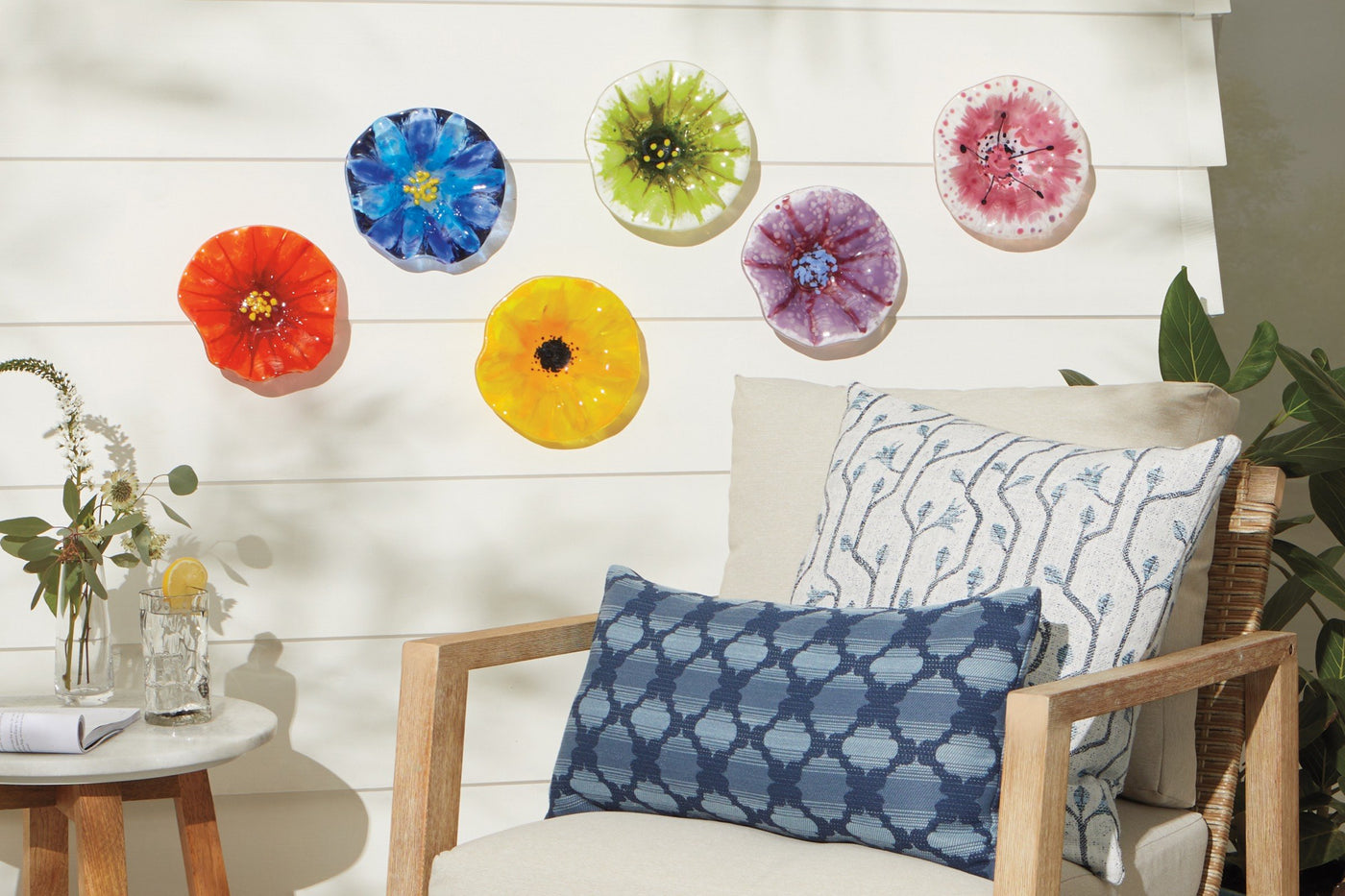 Shown with Glass Wall Flowers by Terry Gomien and Performance Pillows.