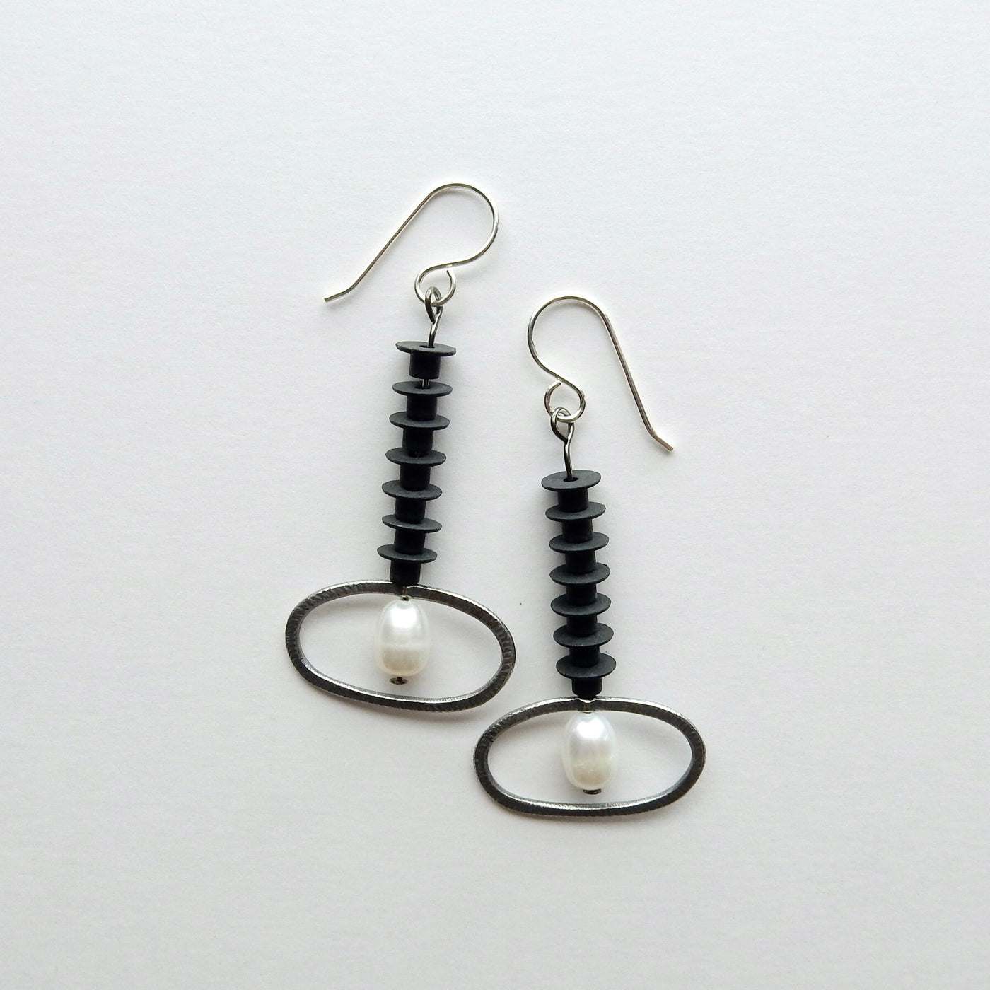 Silver, Rubber & Pearl Drop Earrings