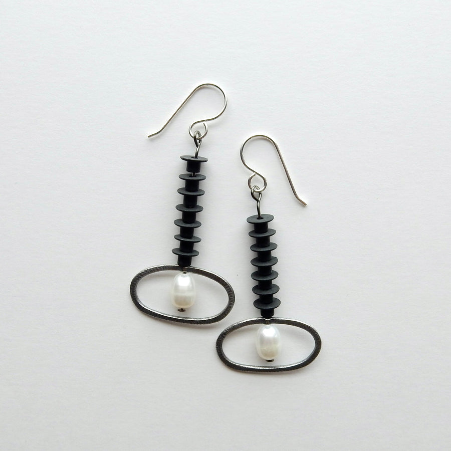 Silver, Rubber & Pearl Drop Earrings