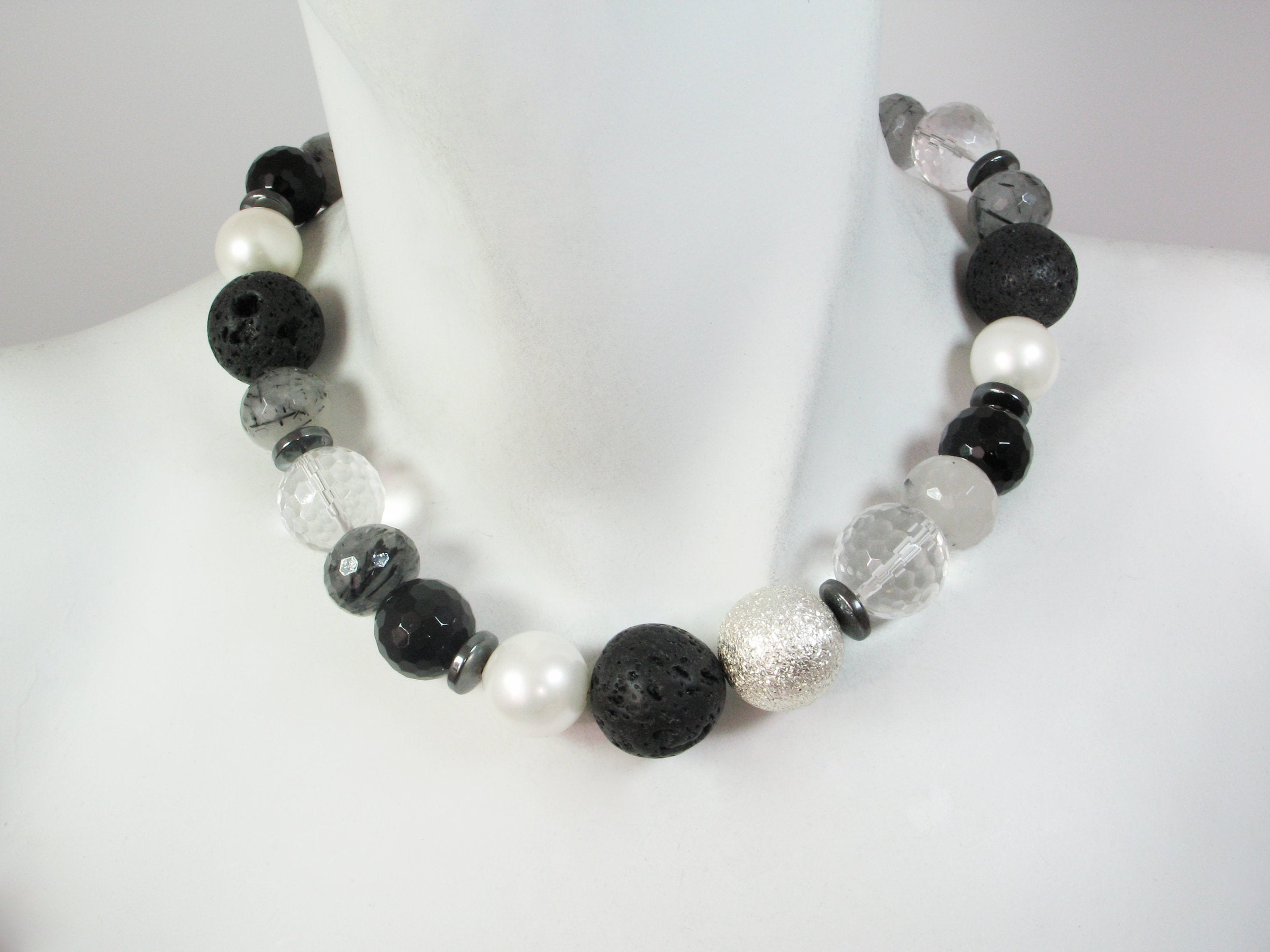 Lava Rock, Onyx & Crystal Ball Necklace