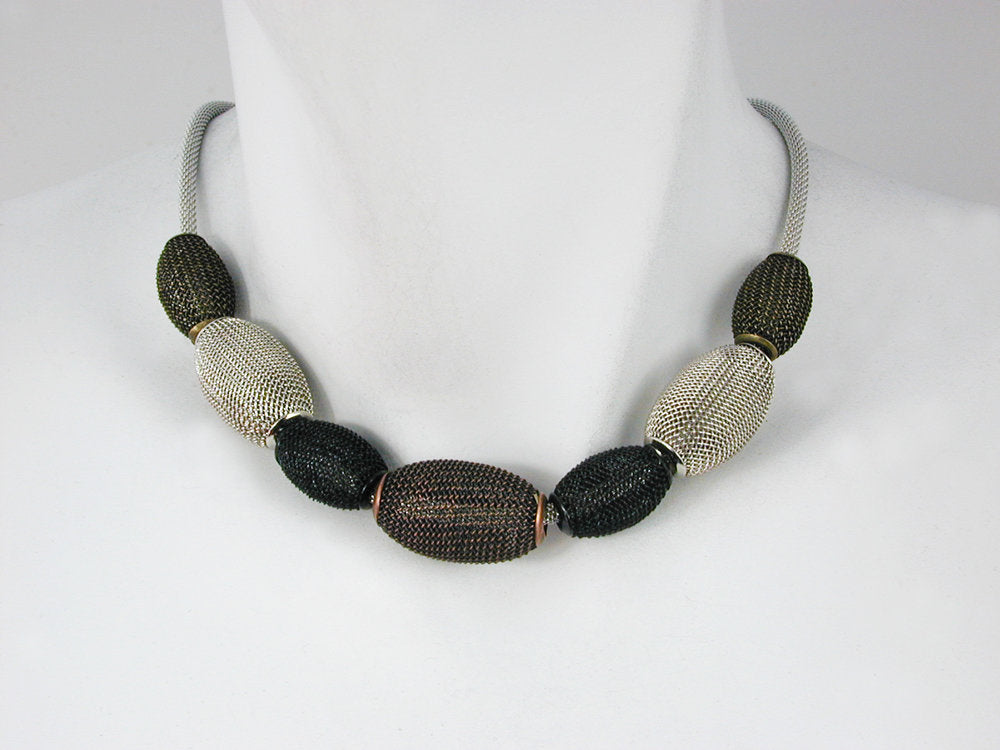 Large Oval Mesh Bead Necklace in Rhodium, Brass, Black & Copper Finish