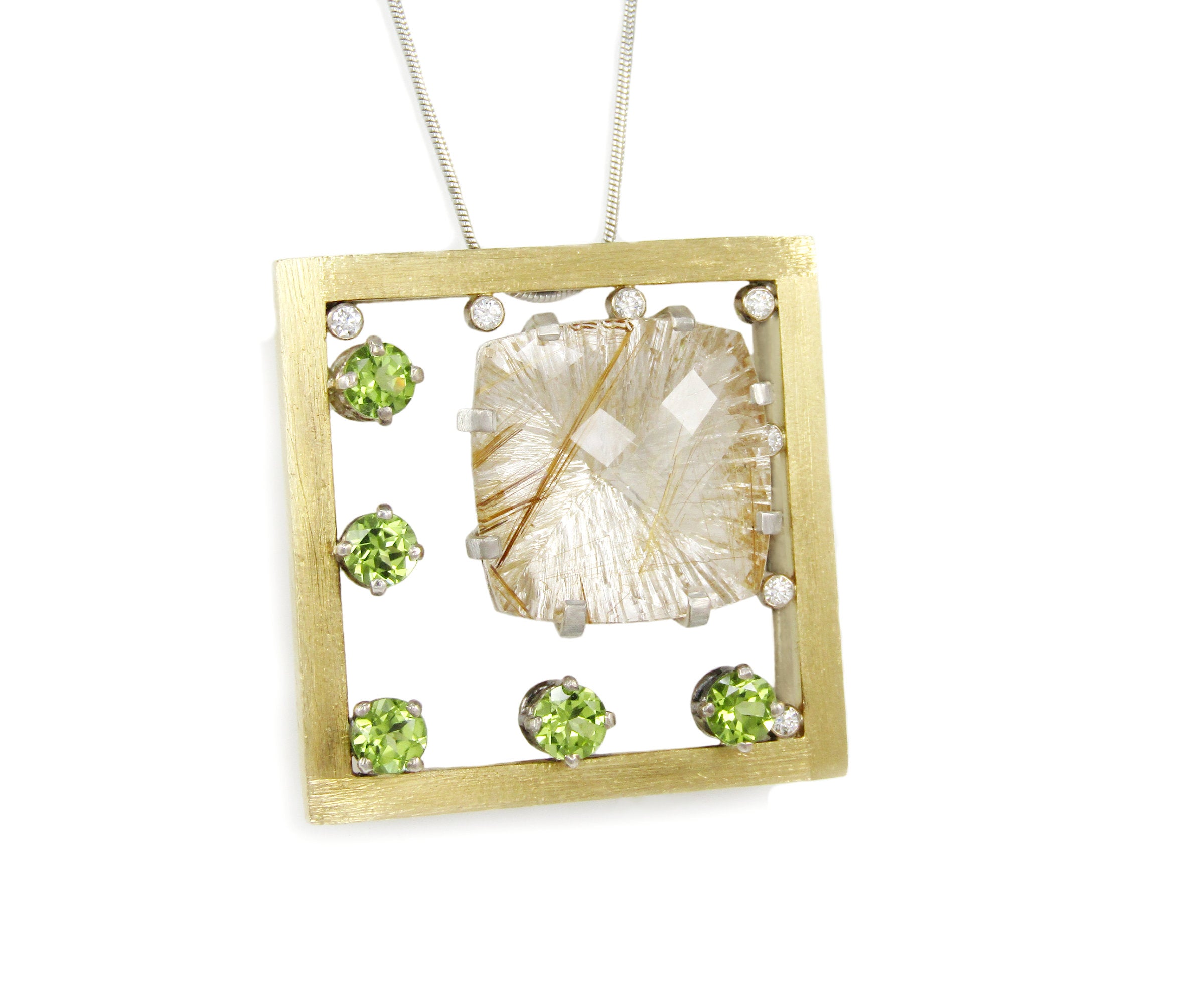 Large Rutilated Quartz Pendant with Peridot Necklace