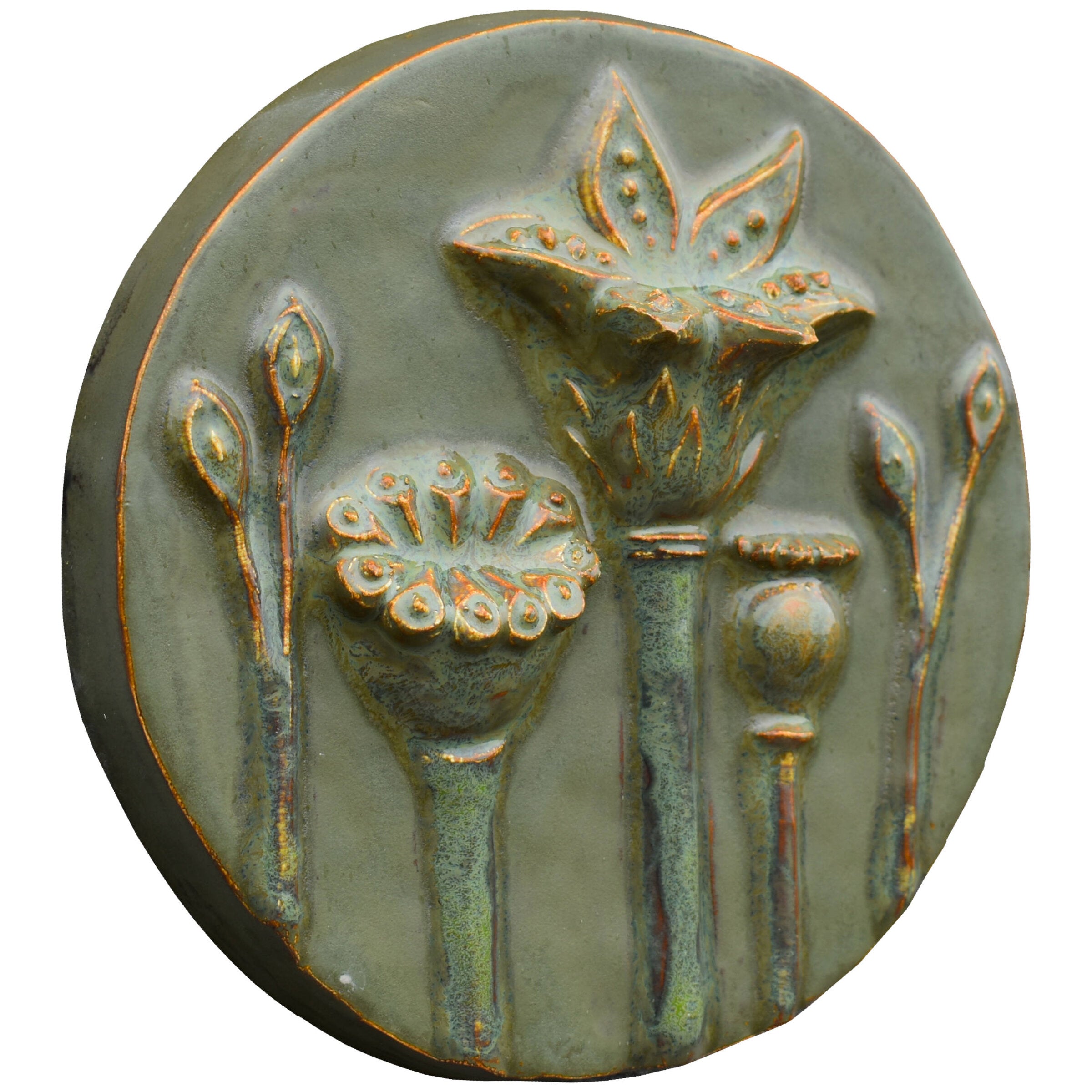 Circle of Poppies Ceramic Tile in Olive Green