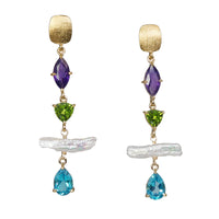 Amethyst, Peridot, Blue Topaz & Pearl Earrings