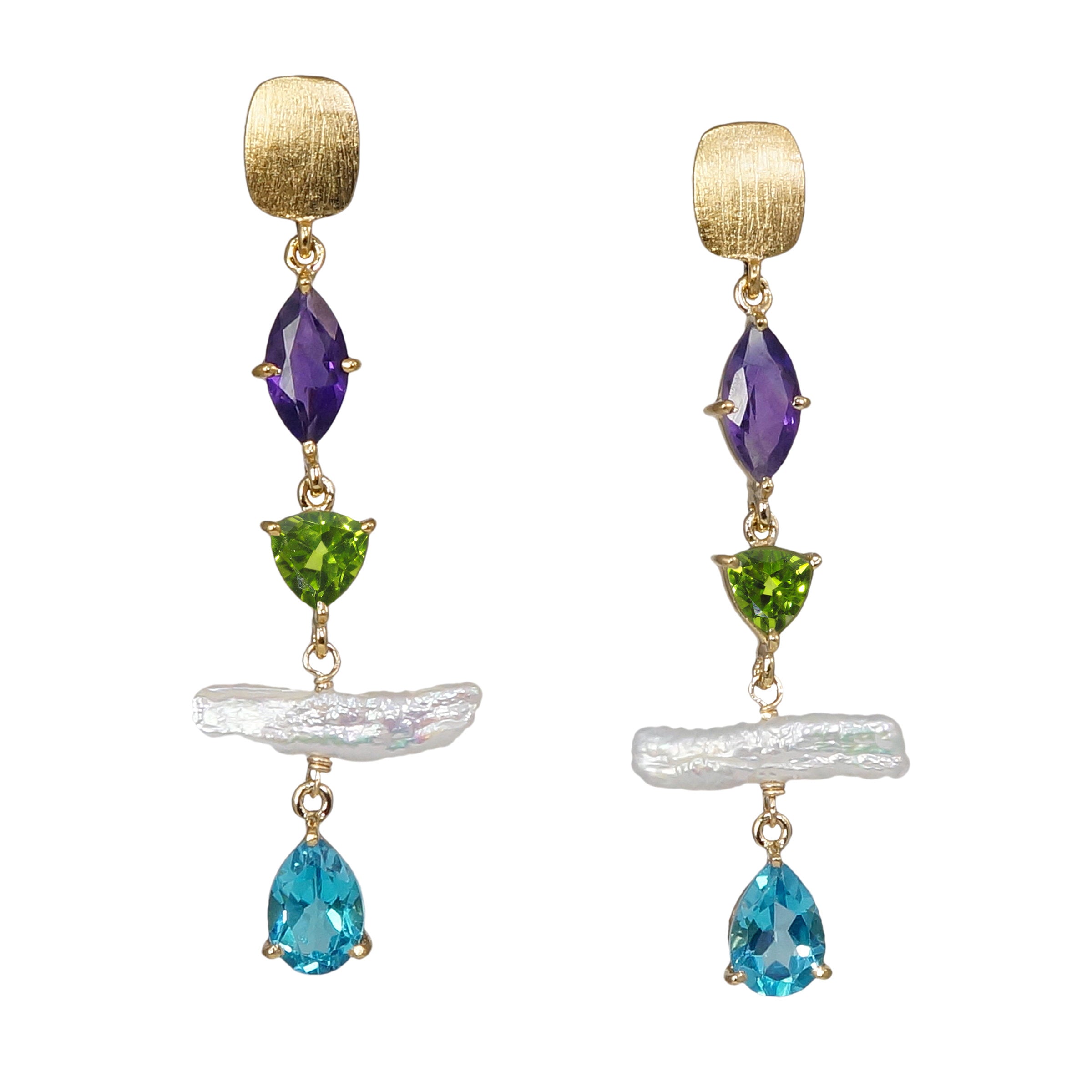 Amethyst, Peridot, Blue Topaz & Pearl Earrings