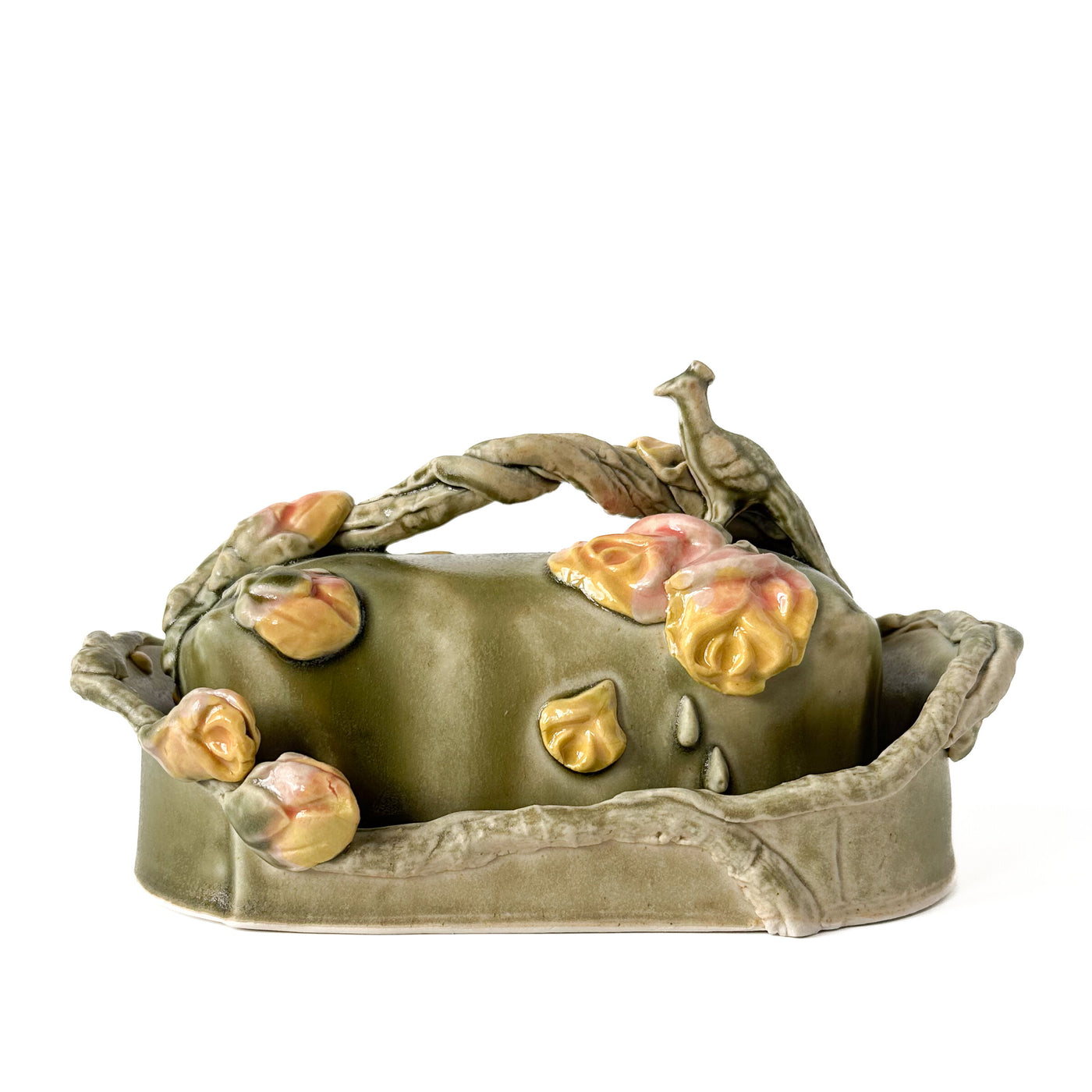 Peacock and Roses Butter Dish in Sage and Dusty Pink