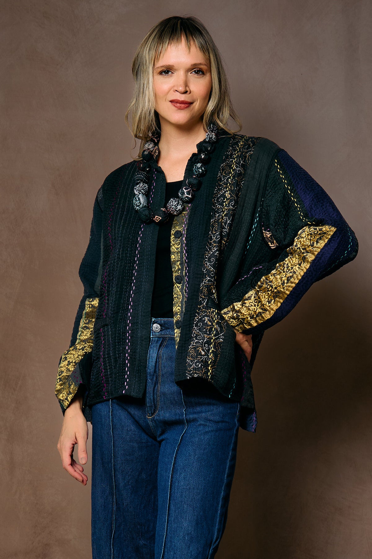 Jewel Woven with Vertical Patch Kantha Jacket