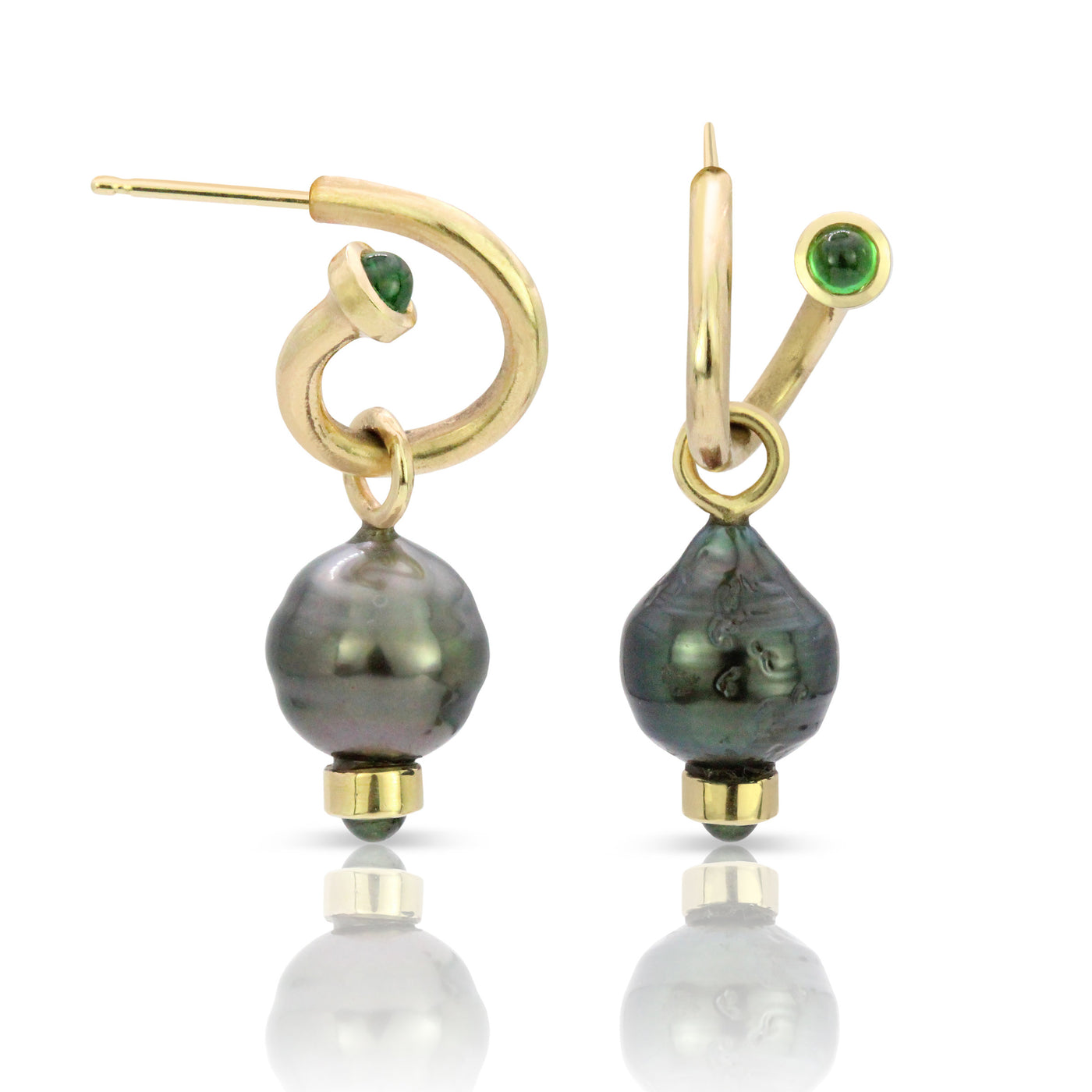 Tahitian Pearl & Gemstone Drop Charms on Tsavorite Peek-A-Boo Hoop Earrings