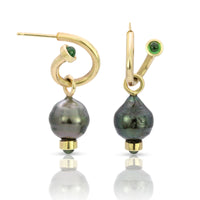 Tahitian Pearl & Gemstone Drop Charms on Tsavorite Peek-A-Boo Hoop Earrings