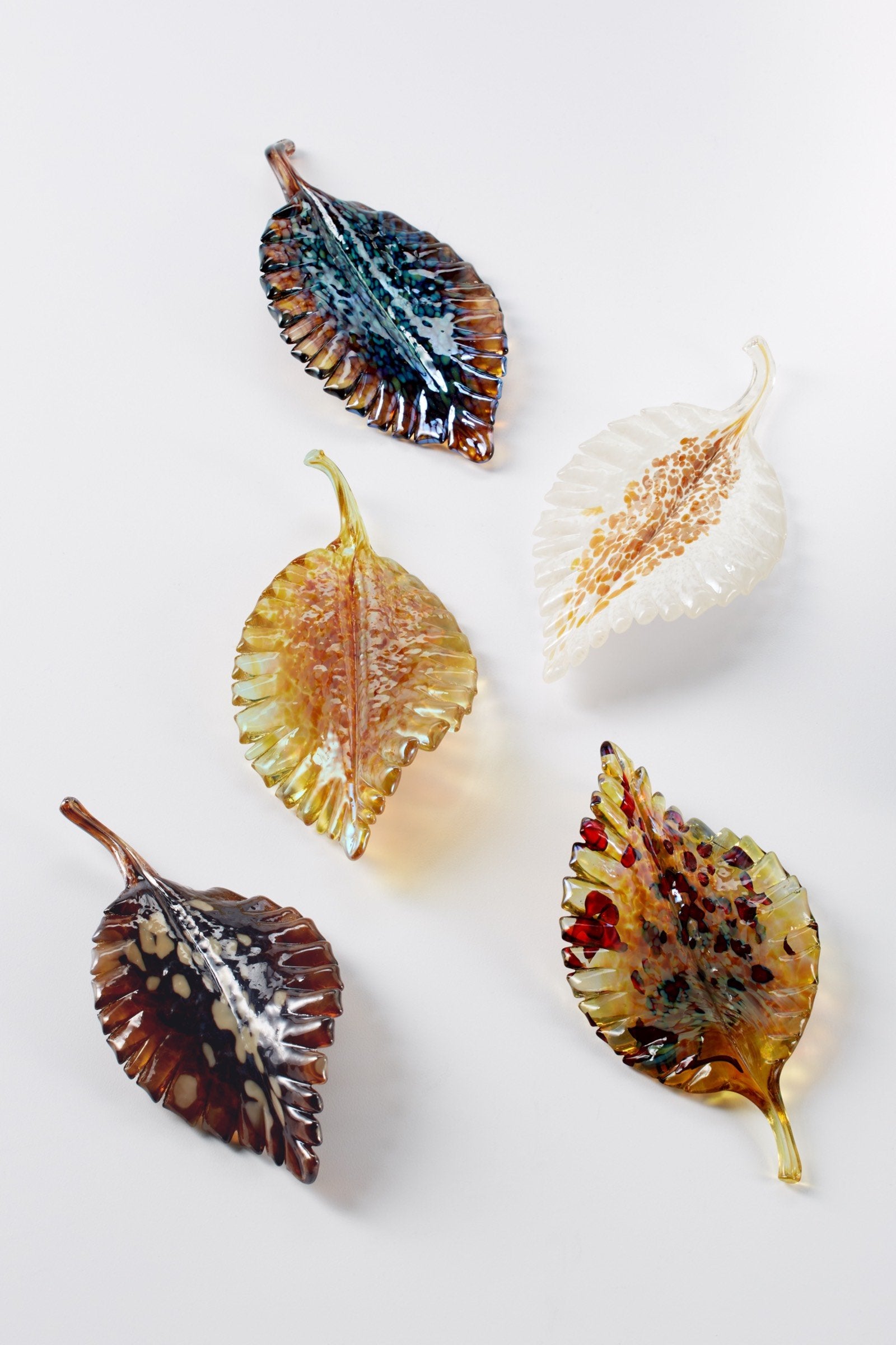from top to bottom: Blue Speckled, Mottled White, Golden Speckled, Burgundy, Sunshine